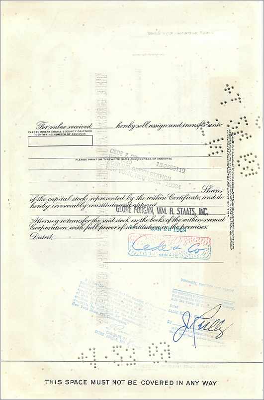Certificaat van 100 aandelen van de Great Atlantic & Pacific Tea Company — uitgever Morgan Guaranty Trust Company — Achterkant