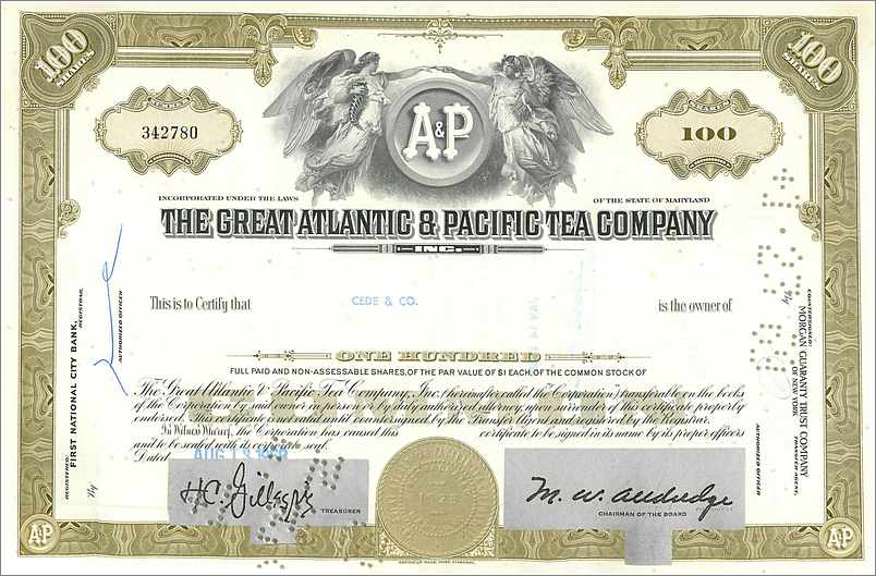 Azione della Great Atlantic & Pacific Tea Company — 100 azioni — editore First National City Bank