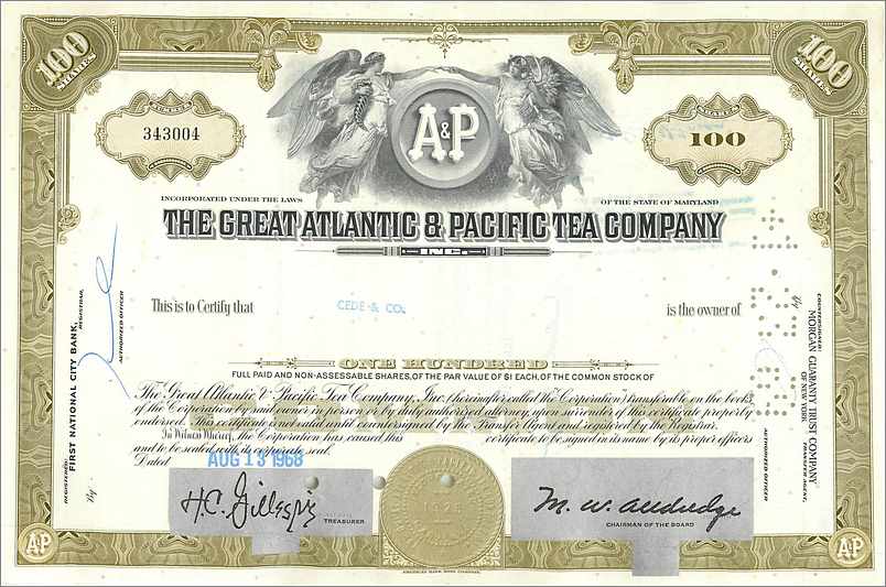 Certificat de 100 actions de la Great Atlantic & Pacific Tea Company — éditeur First National City Bank