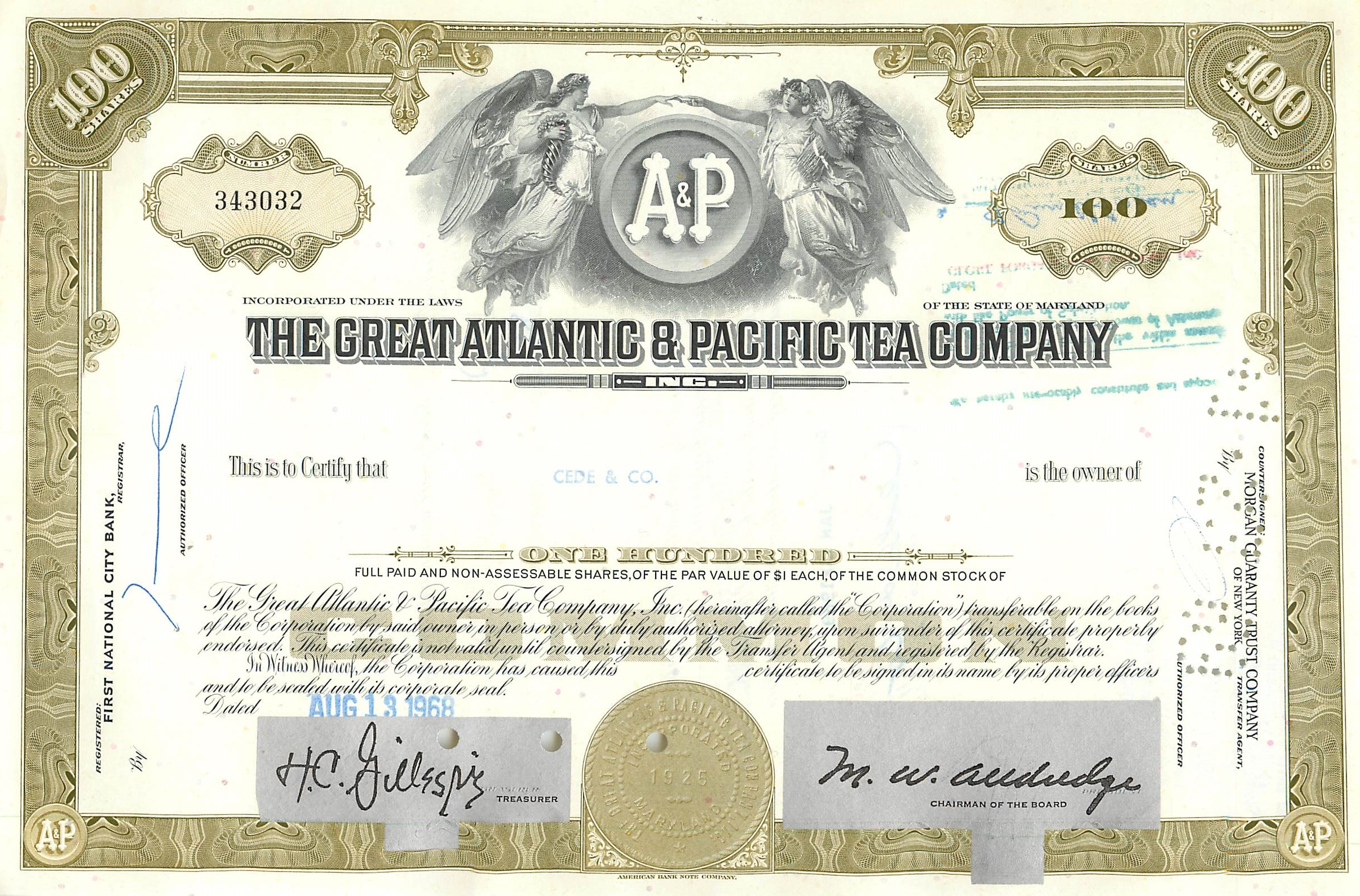 Action de la Great Atlantic & Pacific Tea Company — 100 actions — éditeur American Bank Note Company