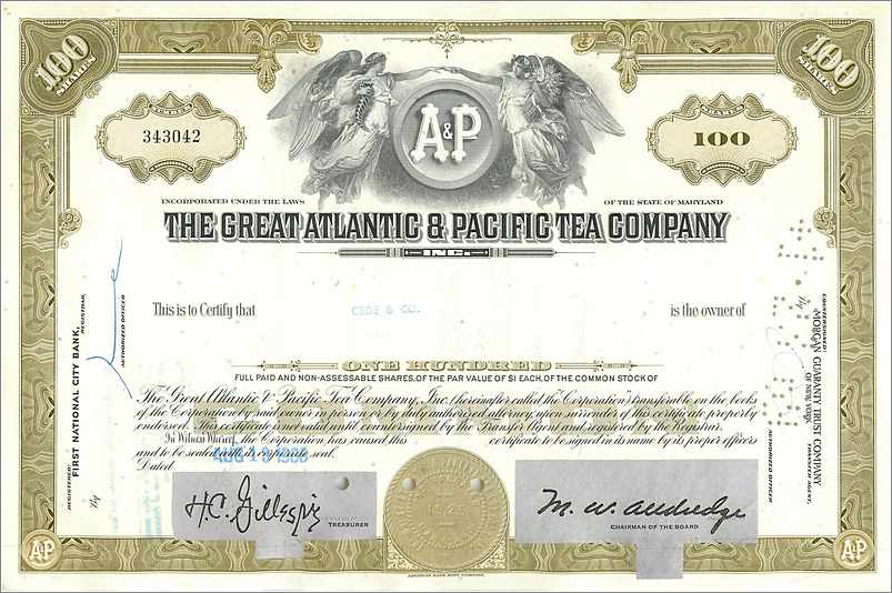 Certificato di 100 azioni della Great Atlantic & Pacific Tea Company — editore First National City Bank