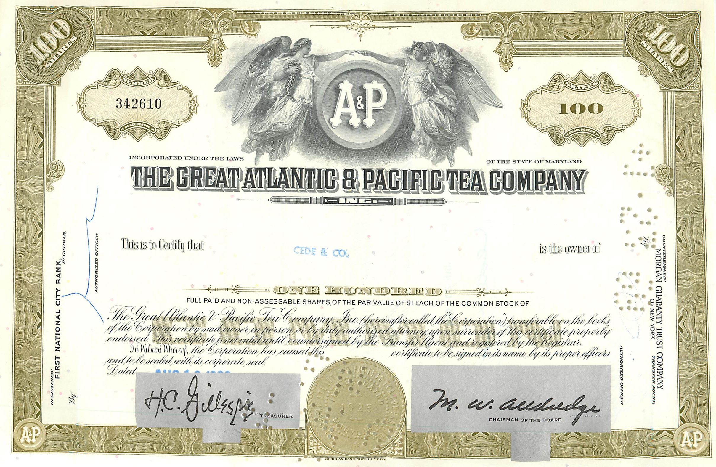 Certificado de 100 acciones de la Great Atlantic & Pacific Tea Company — editor Morgan Guaranty Trust Company