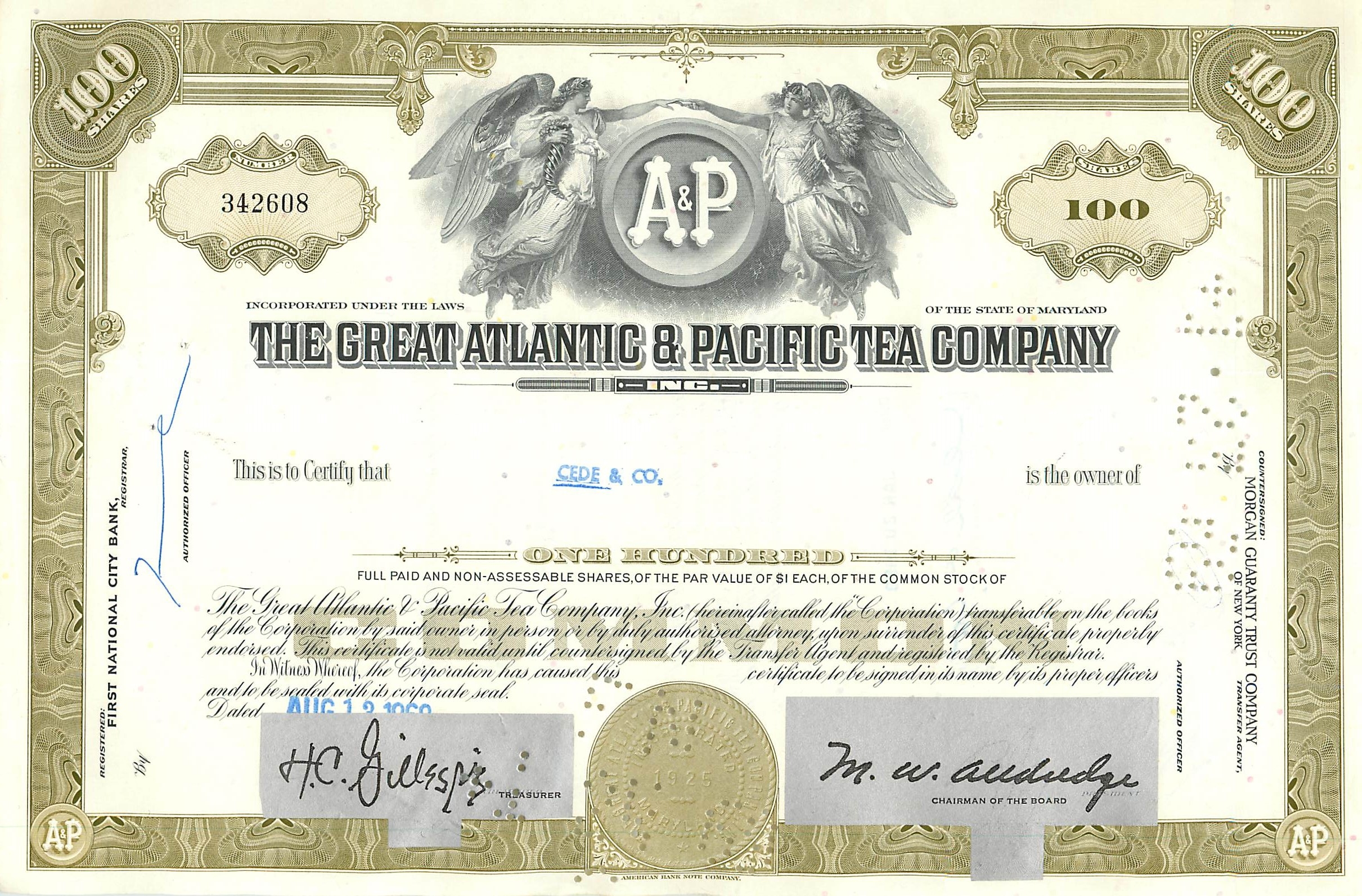 Action de la Great Atlantic & Pacific Tea Company — 100 actions — éditeur American Bank Note Company