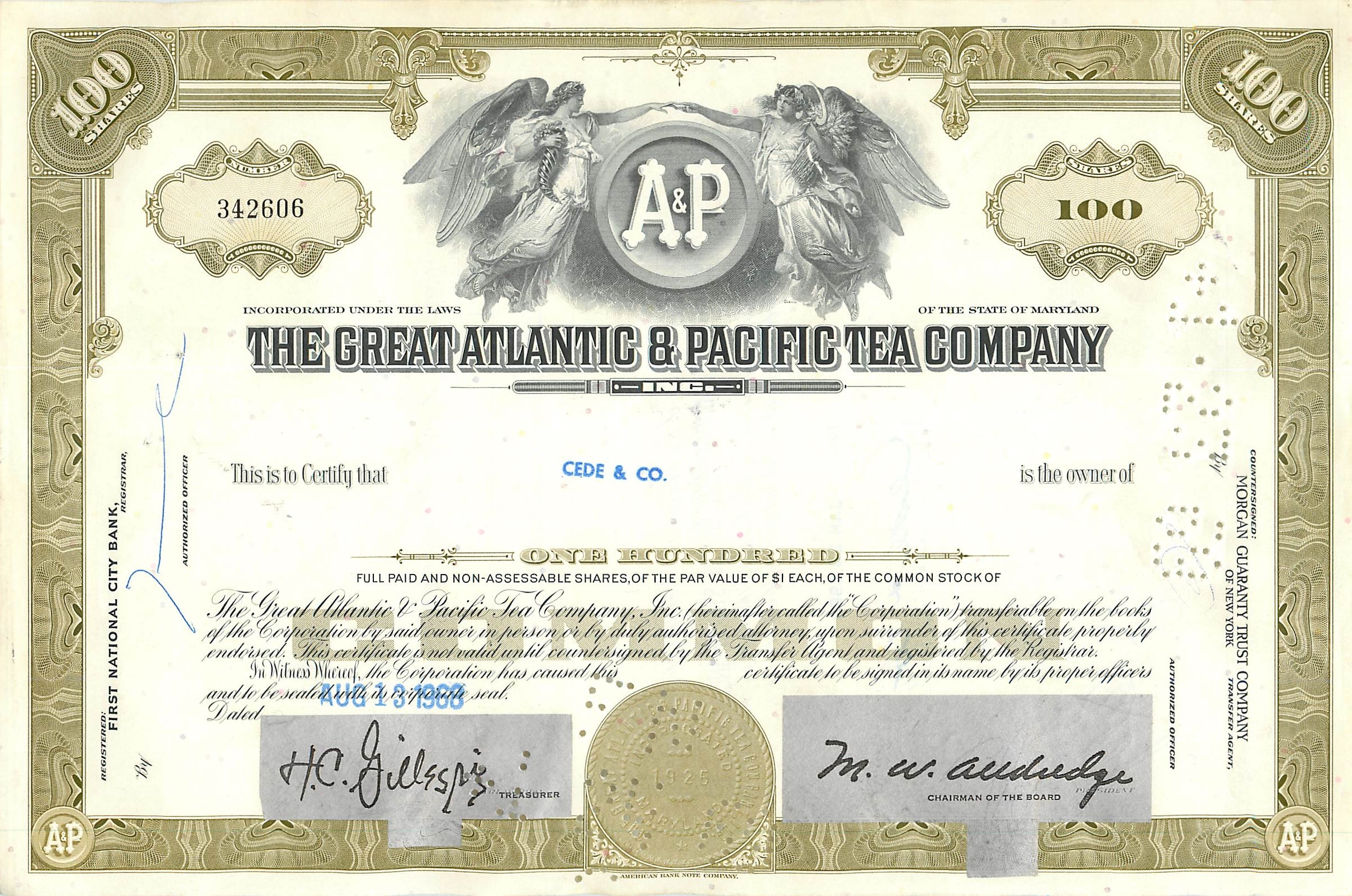 Action de la Great Atlantic & Pacific Tea Company — 100 actions — éditeur American Bank Note Company