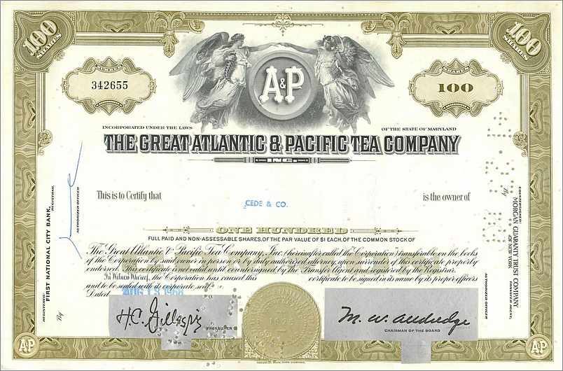Action de la Great Atlantic & Pacific Tea Company — 100 actions — éditeur First National City Bank