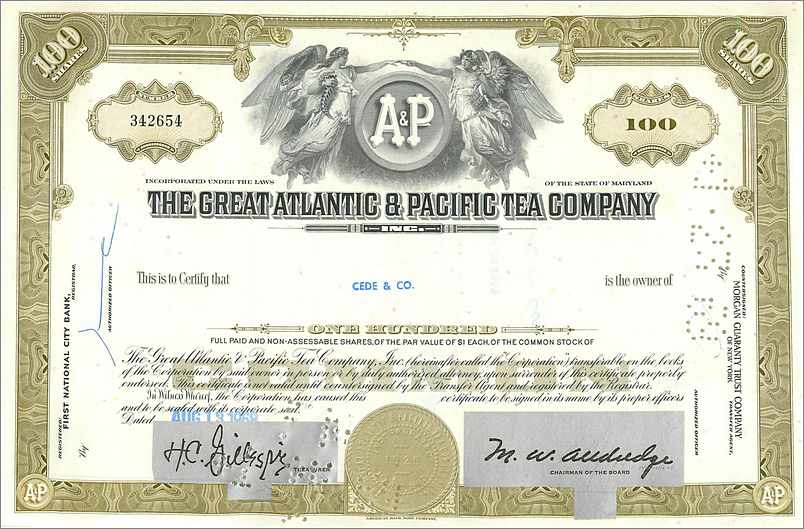 Certificado de acciones de la Great Atlantic & Pacific Tea Company — Cede & Co. — n° 342654