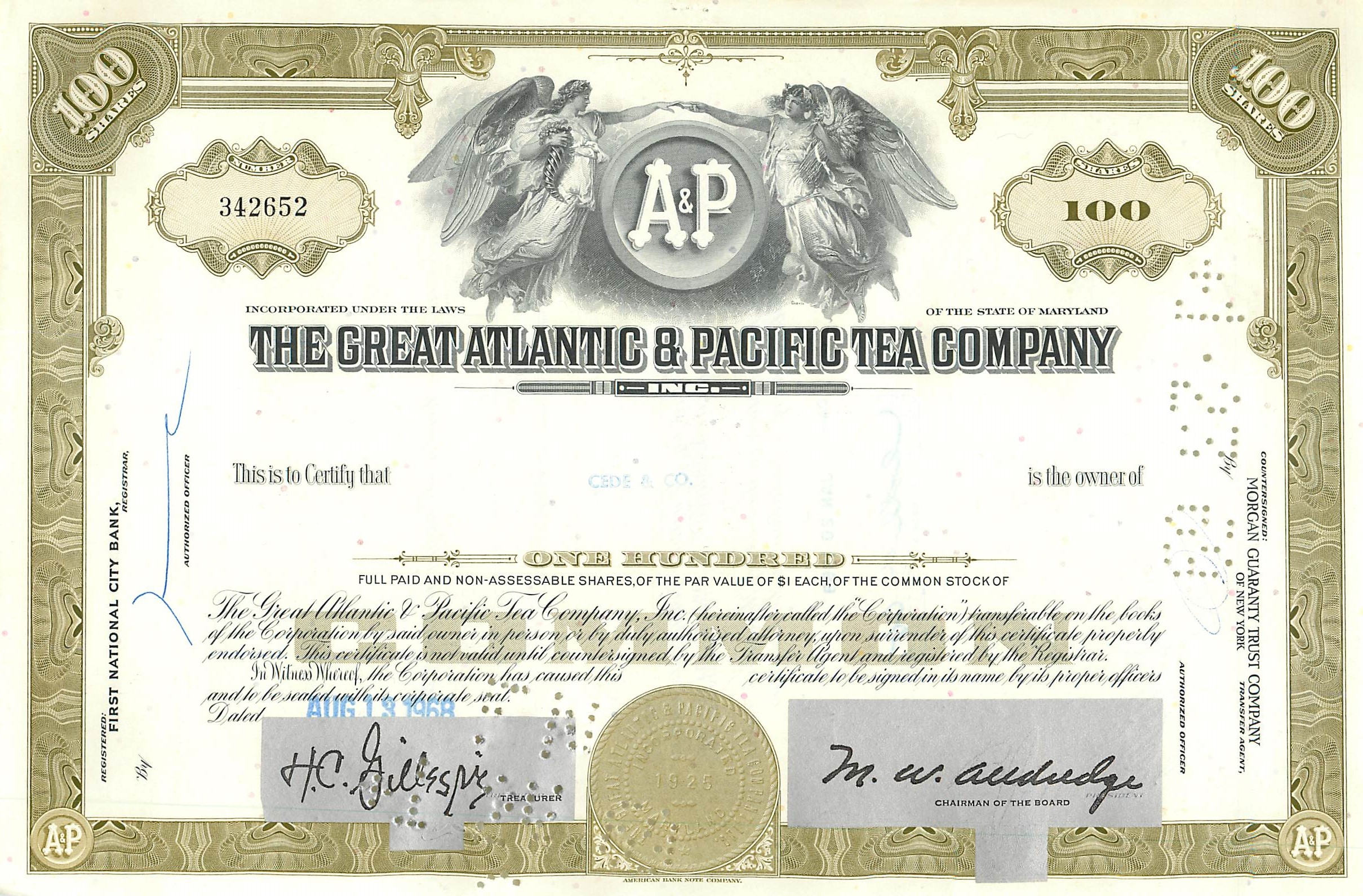 Certificaat van 100 aandelen van de Great Atlantic & Pacific Tea Company — uitgever First National City Bank, n° 342652