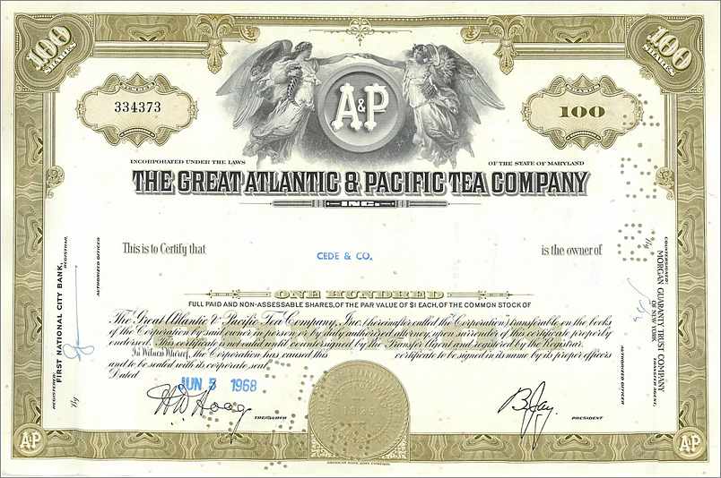 Action de la Great Atlantic & Pacific Tea Company — 100 actions — éditeur First National City Bank