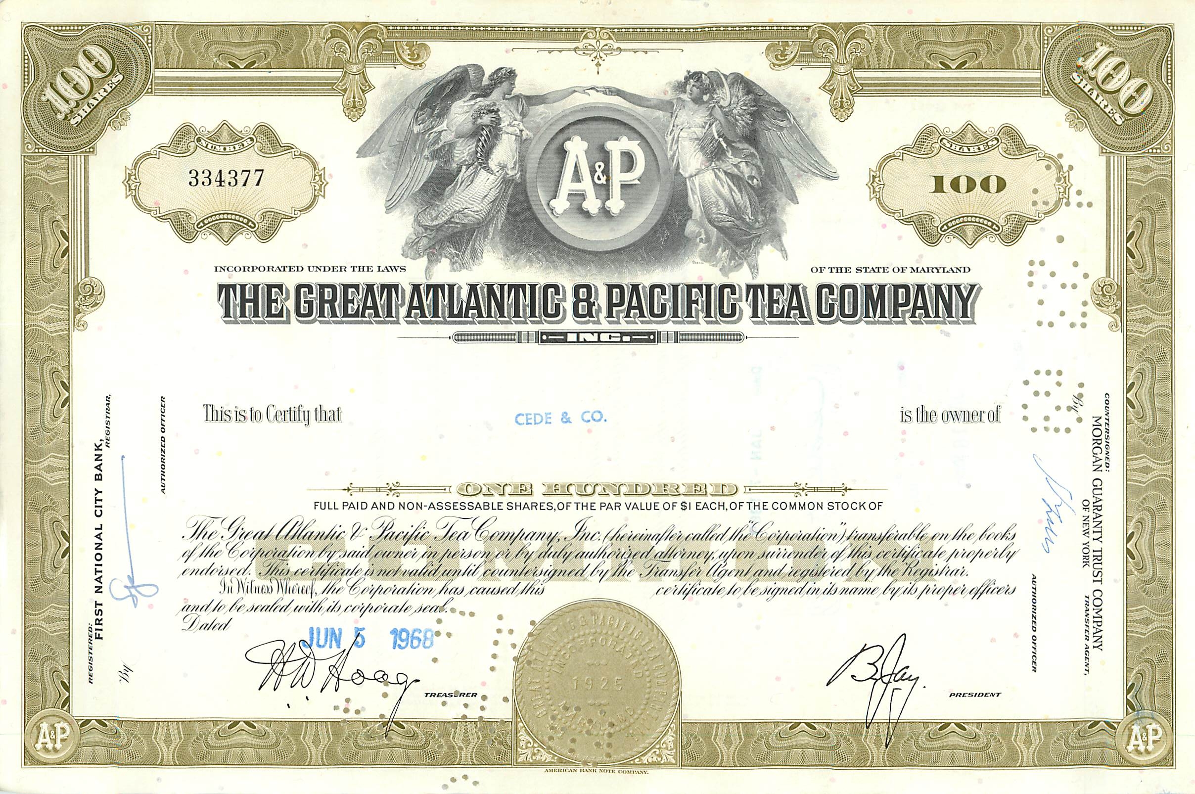 Action de la Great Atlantic & Pacific Tea Company — 100 actions — éditeur Morgan Guaranty Trust Company