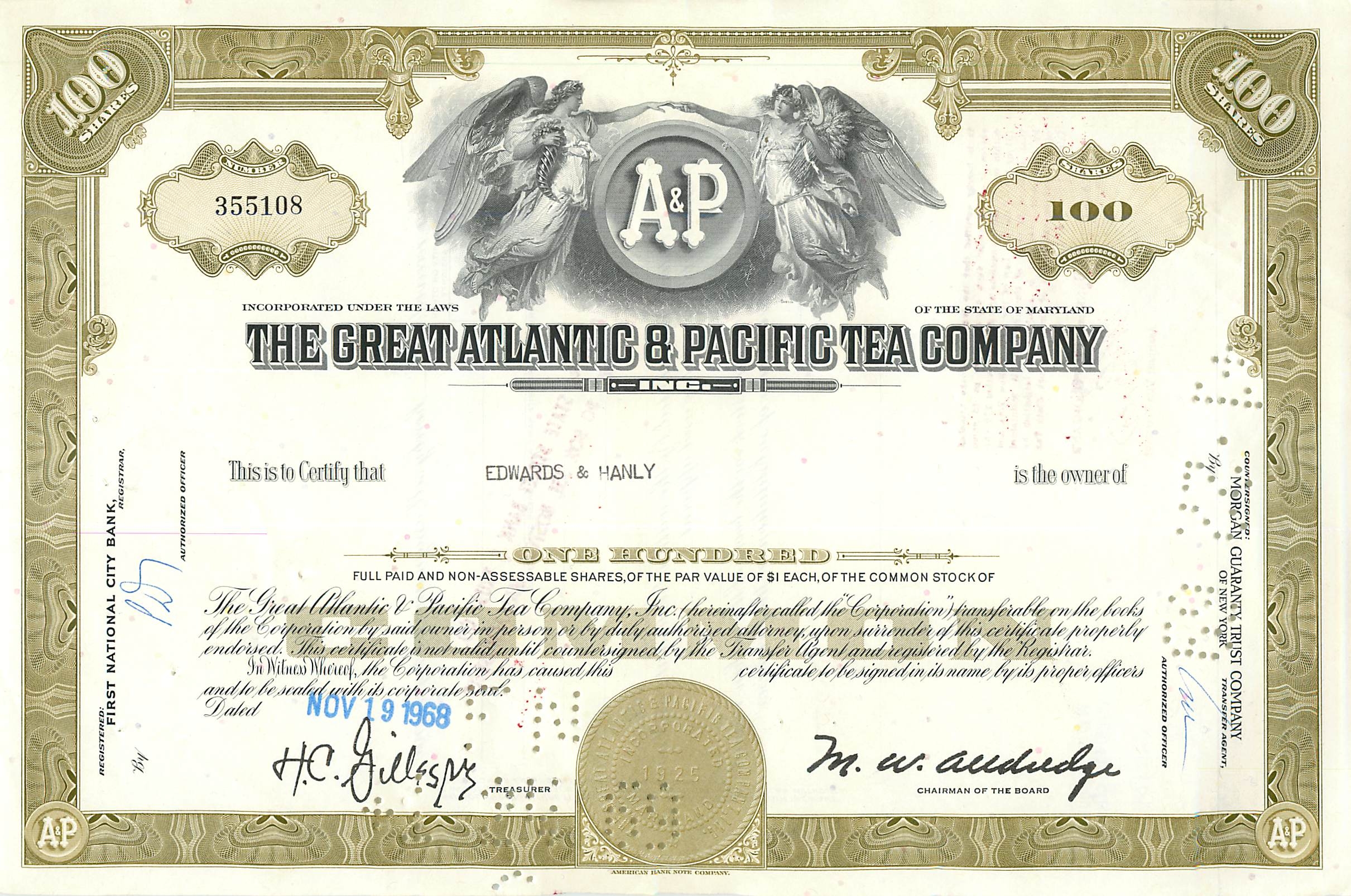 Certificato di 100 azioni della Great Atlantic & Pacific Tea Company — editore First National City Bank, n° 355108