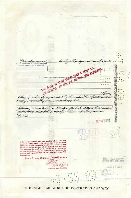 Certificato di 100 azioni della Great Atlantic & Pacific Tea Company — editore First National City Bank, n° 355108 — Verso