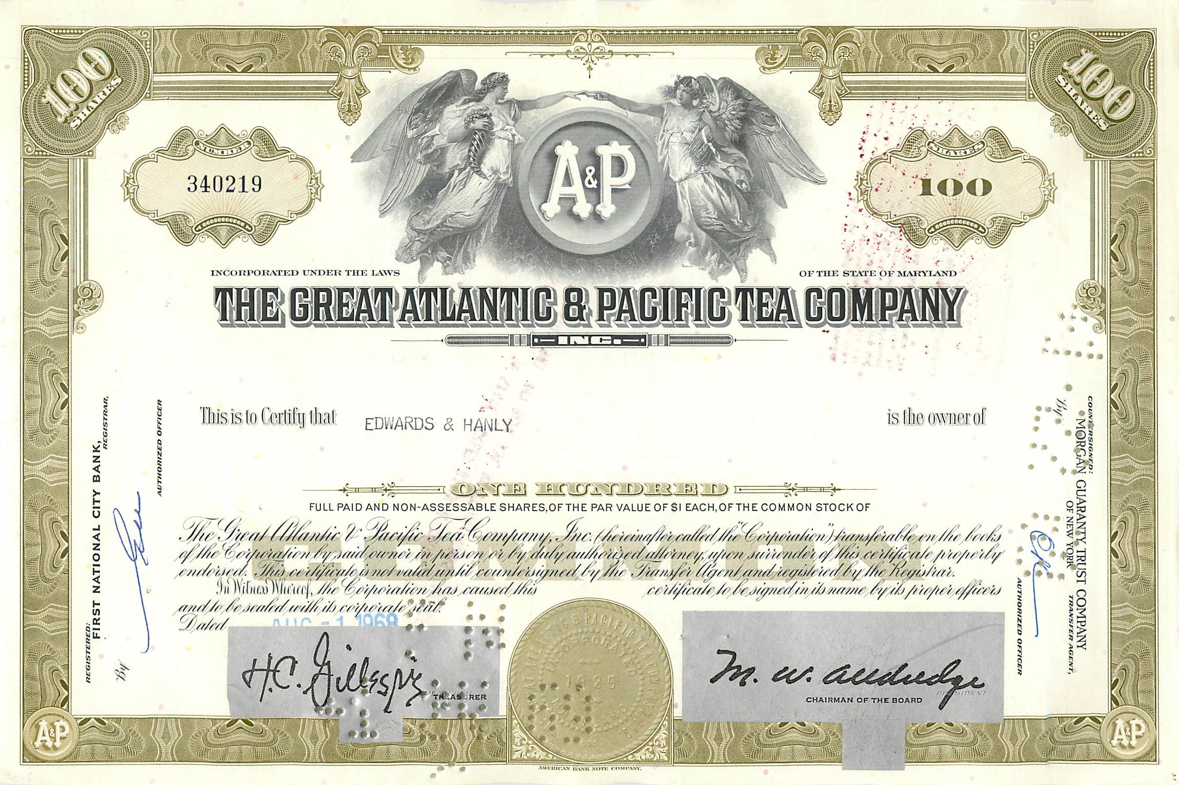 Certificaat van 100 aandelen van de Great Atlantic & Pacific Tea Company — uitgever American Bank Note Company