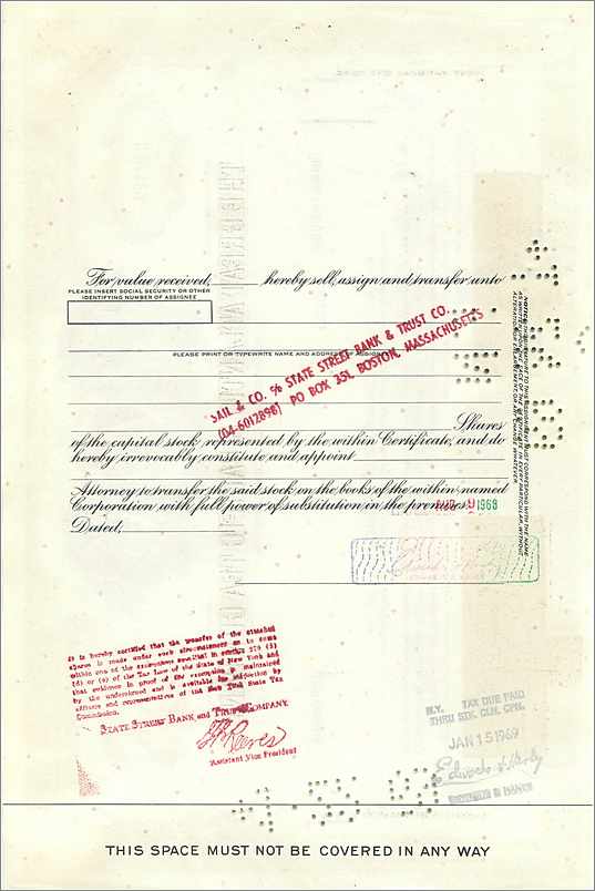 Certificaat van 100 aandelen van de Great Atlantic & Pacific Tea Company — uitgever American Bank Note Company — Achterkant