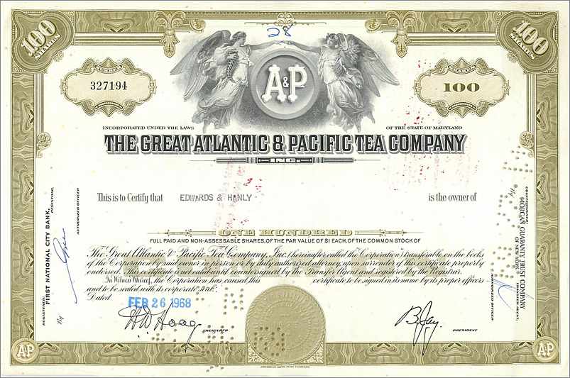 Certificat de 100 actions de la Great Atlantic & Pacific Tea Company — éditeur Morgan Guaranty Trust Company