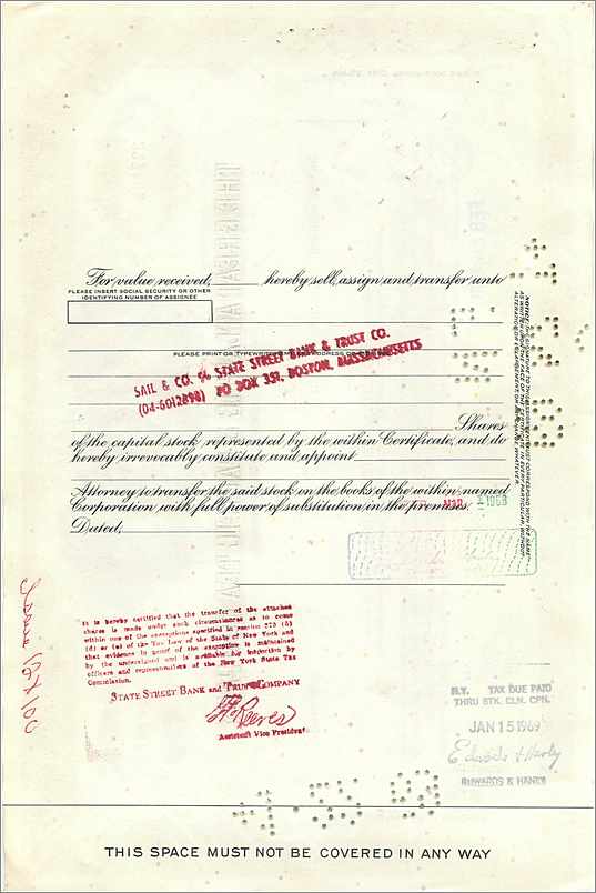 Certificat de 100 actions de la Great Atlantic & Pacific Tea Company — éditeur Morgan Guaranty Trust Company — Verso