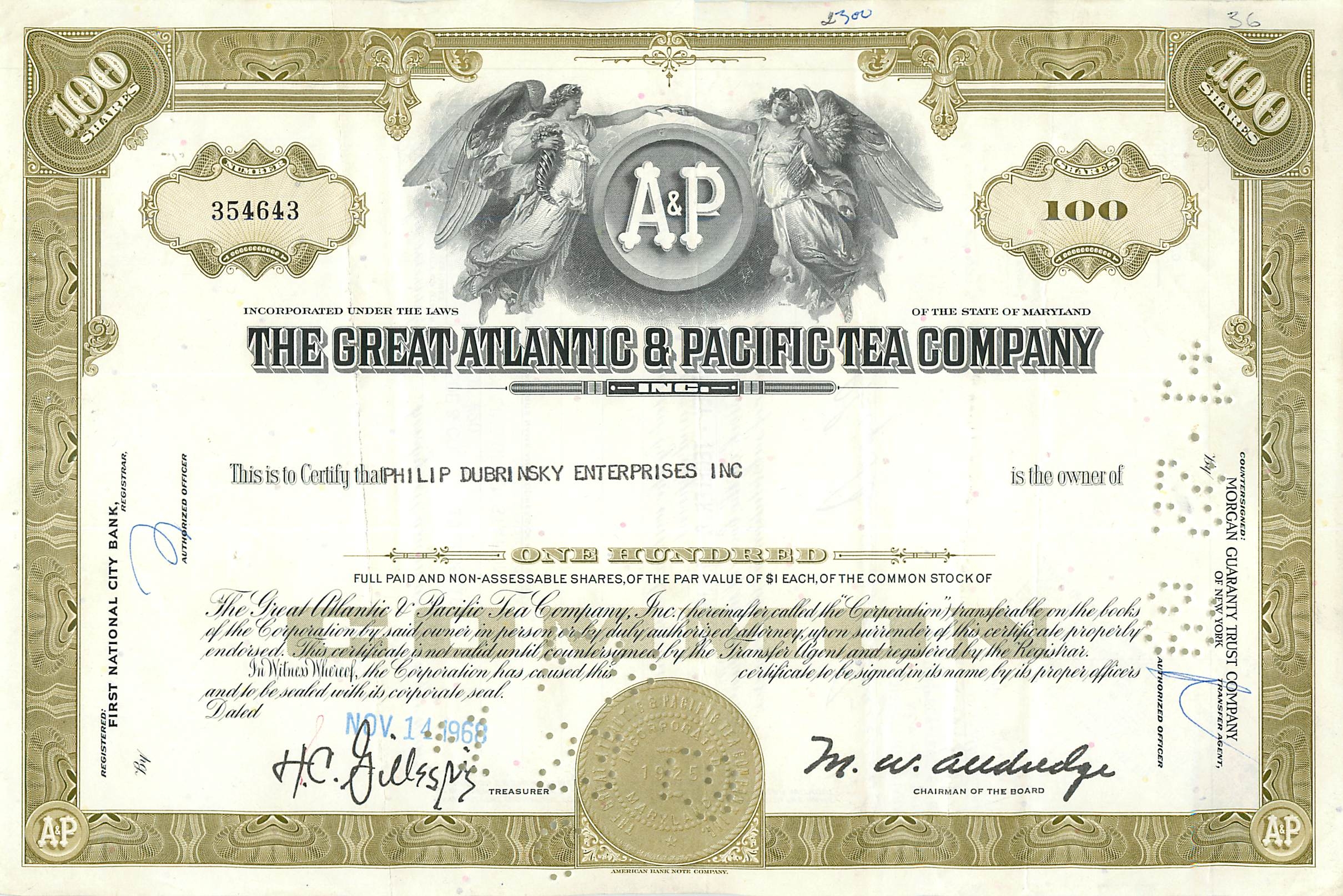 Action de la Great Atlantic & Pacific Tea Company — 100 actions — éditeur Morgan Guaranty Trust Company