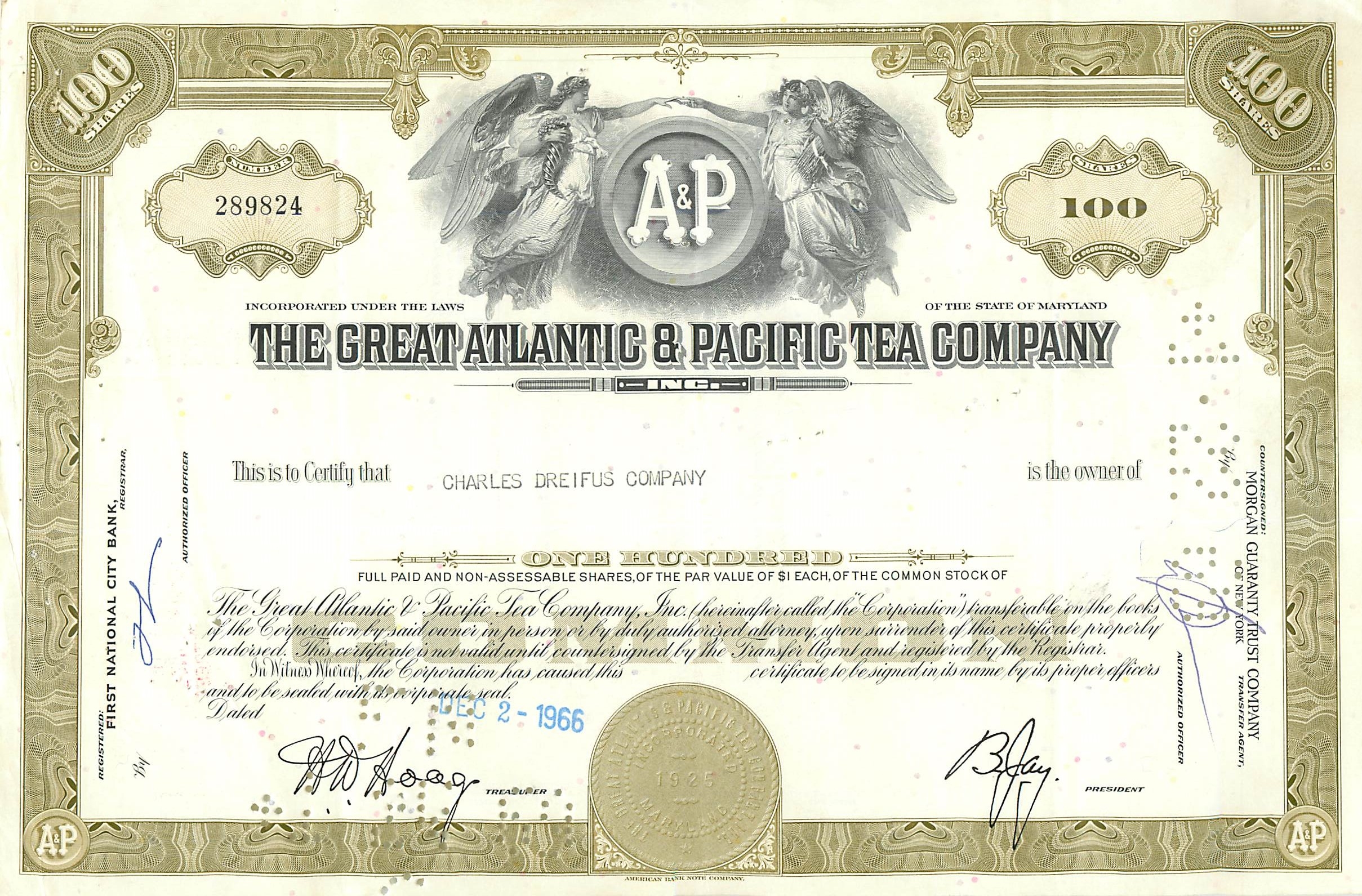 Certificat d'actions de la Great Atlantic & Pacific Tea Company — 100 actions — éditeur American Bank Note Company