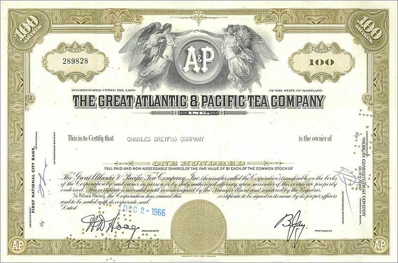Aktienzertifikat der Great Atlantic & Pacific Tea Company — 100 Aktien — Verlag Morgan Guaranty Trust Company