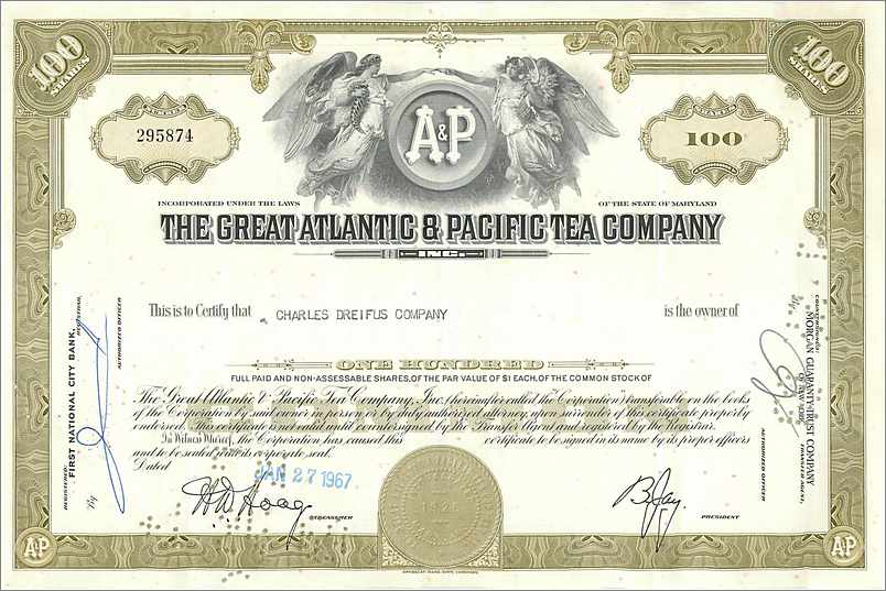 Certificat de 100 actions de la Great Atlantic & Pacific Tea Company — éditeur First National City Bank