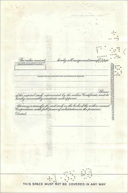 Certificat de 100 actions de la Great Atlantic & Pacific Tea Company — éditeur First National City Bank — Rückseite