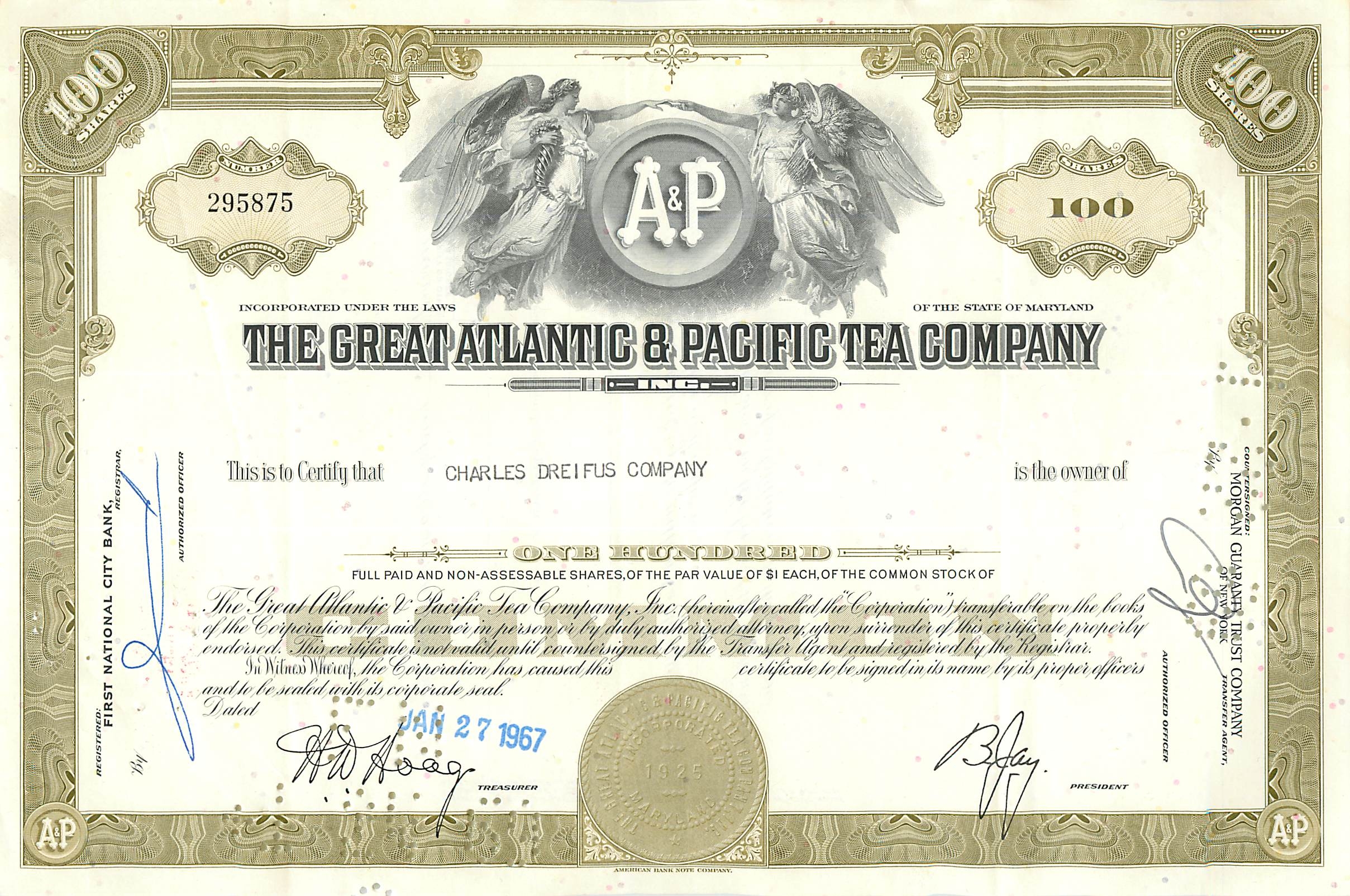 Certificat de 100 actions de la Great Atlantic & Pacific Tea Company — éditeur Morgan Guaranty Trust Company