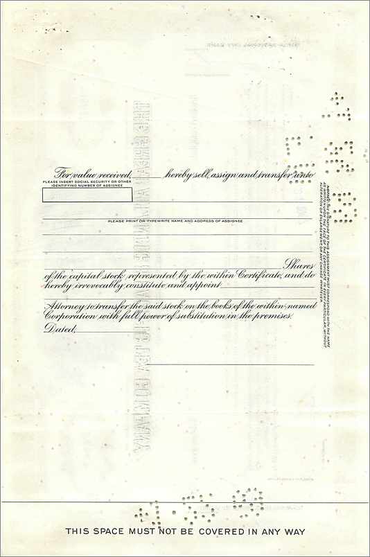 Certificat de 100 actions de la Great Atlantic & Pacific Tea Company — éditeur Morgan Guaranty Trust Company — Rückseite