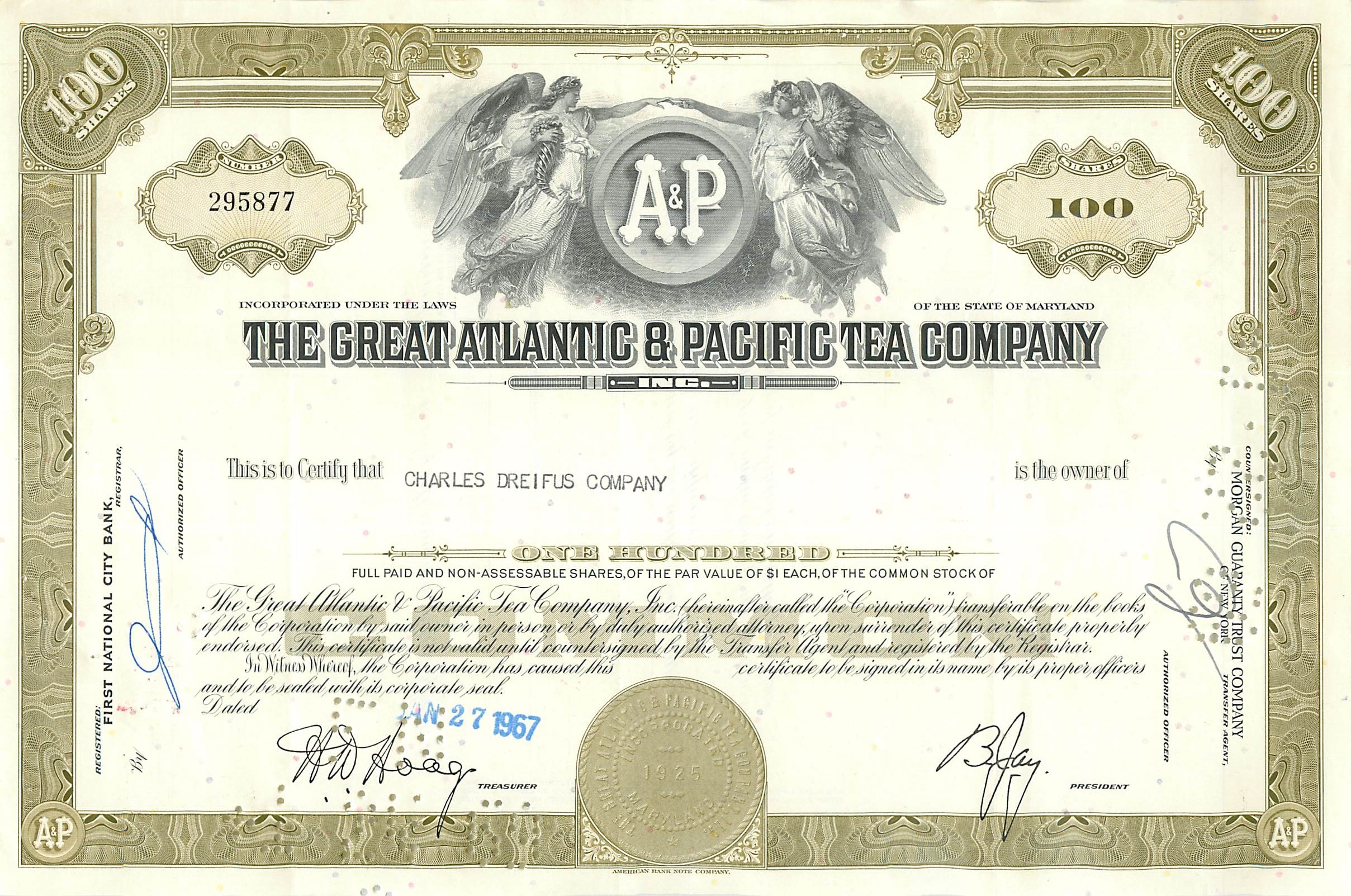 Certificat de 100 actions de la Great Atlantic & Pacific Tea Company — éditeur Morgan Guaranty Trust Company