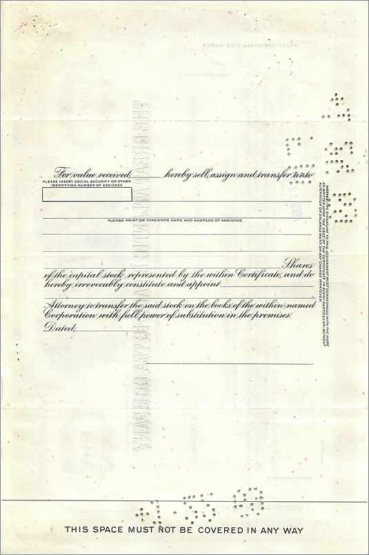 Certificat de 100 actions de la Great Atlantic & Pacific Tea Company — éditeur Morgan Guaranty Trust Company — Verso