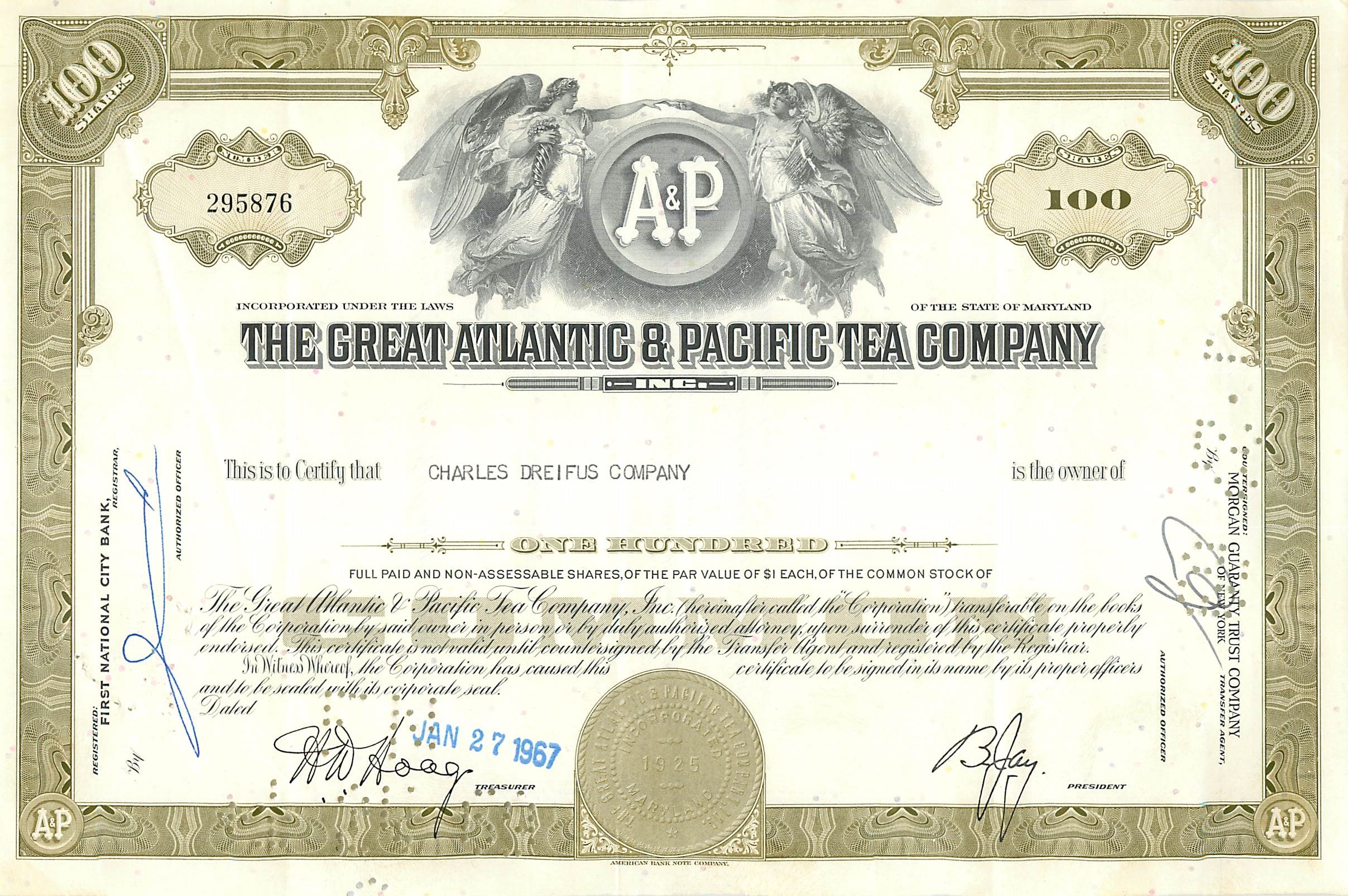 Certificado de acciones de la Great Atlantic & Pacific Tea Company — 100 acciones — editor American Bank Note Company