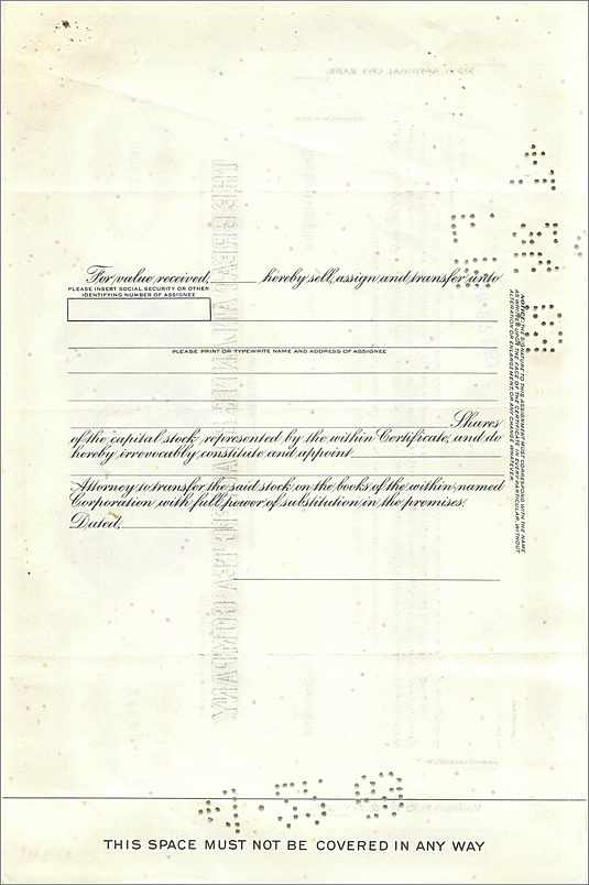 Certificado de acciones de la Great Atlantic & Pacific Tea Company — 100 acciones — editor American Bank Note Company — Reverso