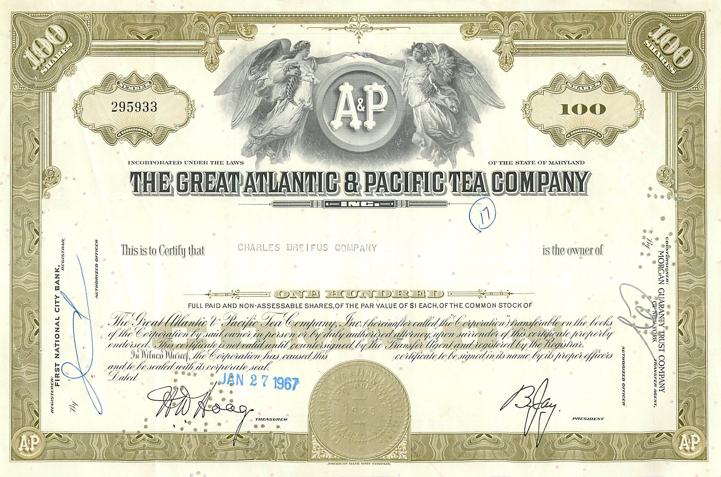 Zertifikat über 100 Aktien der Great Atlantic & Pacific Tea Company — Verlag Moran Guaranty Trust Company