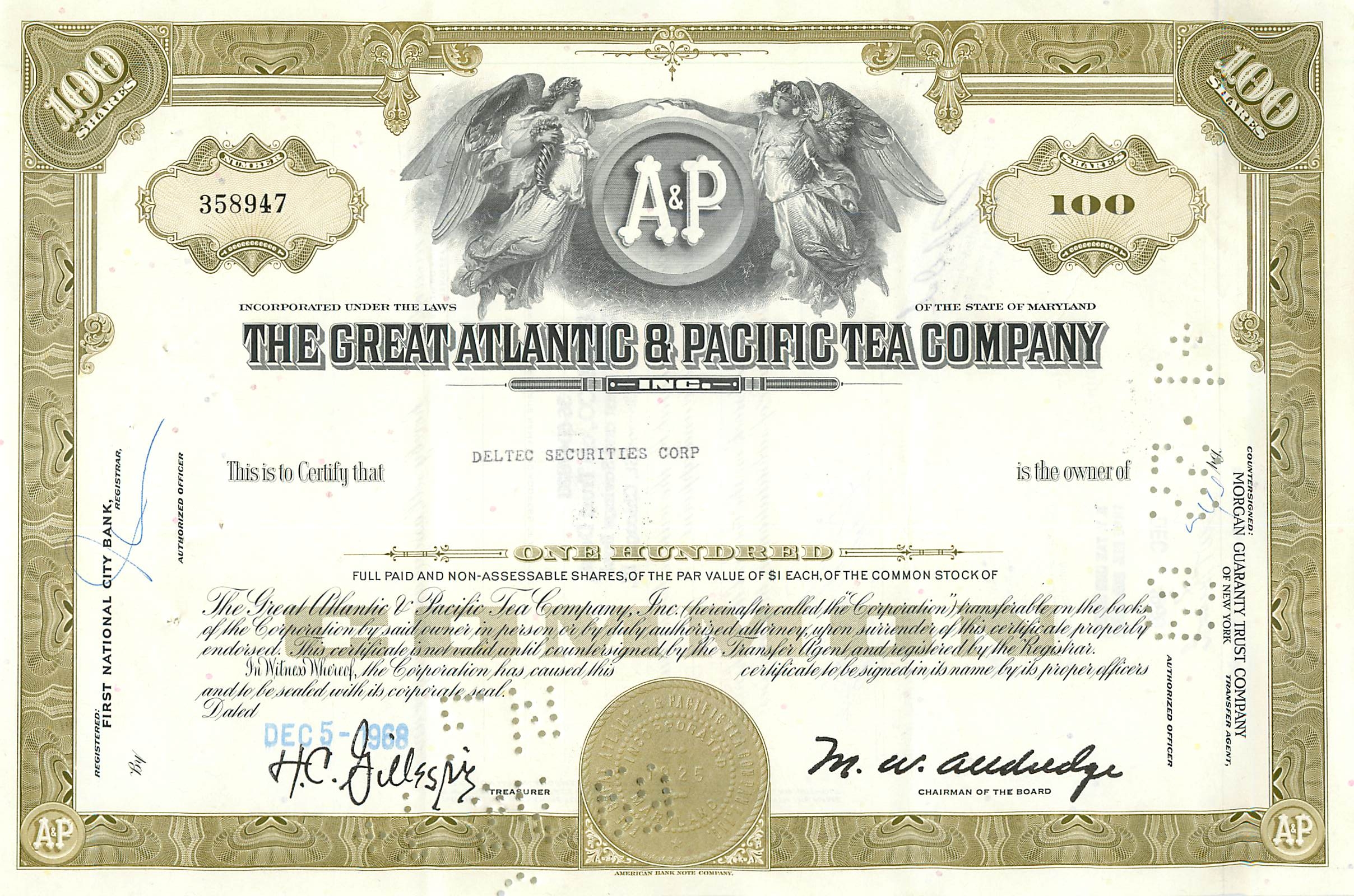 Certificaat van 100 aandelen van de Great Atlantic & Pacific Tea Company — DELTEC SECURITIES CORP — n° 358947