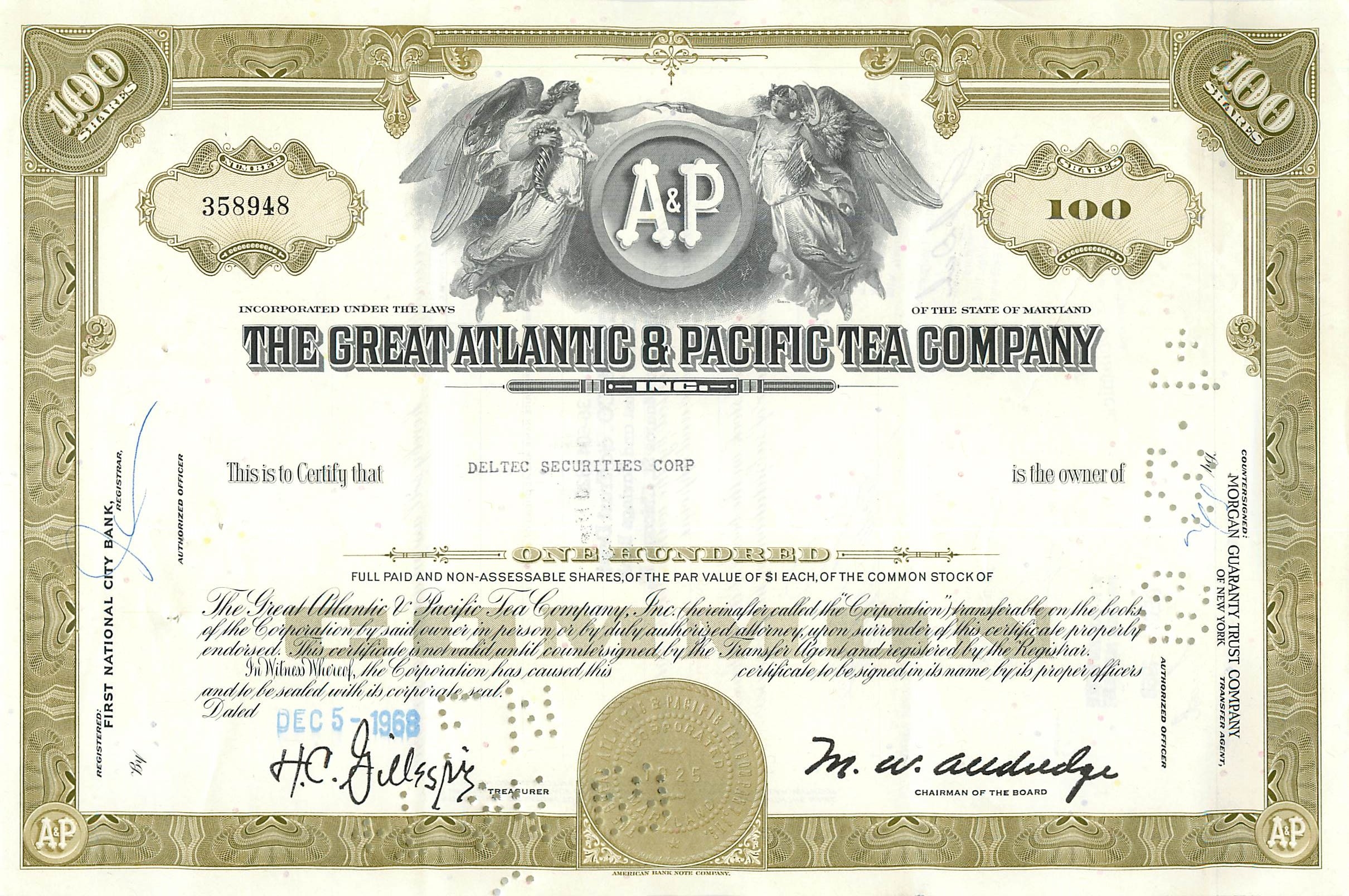 Certificato di 100 azioni della Great Atlantic & Pacific Tea Company — Deltec Securities Corp — N° 358948