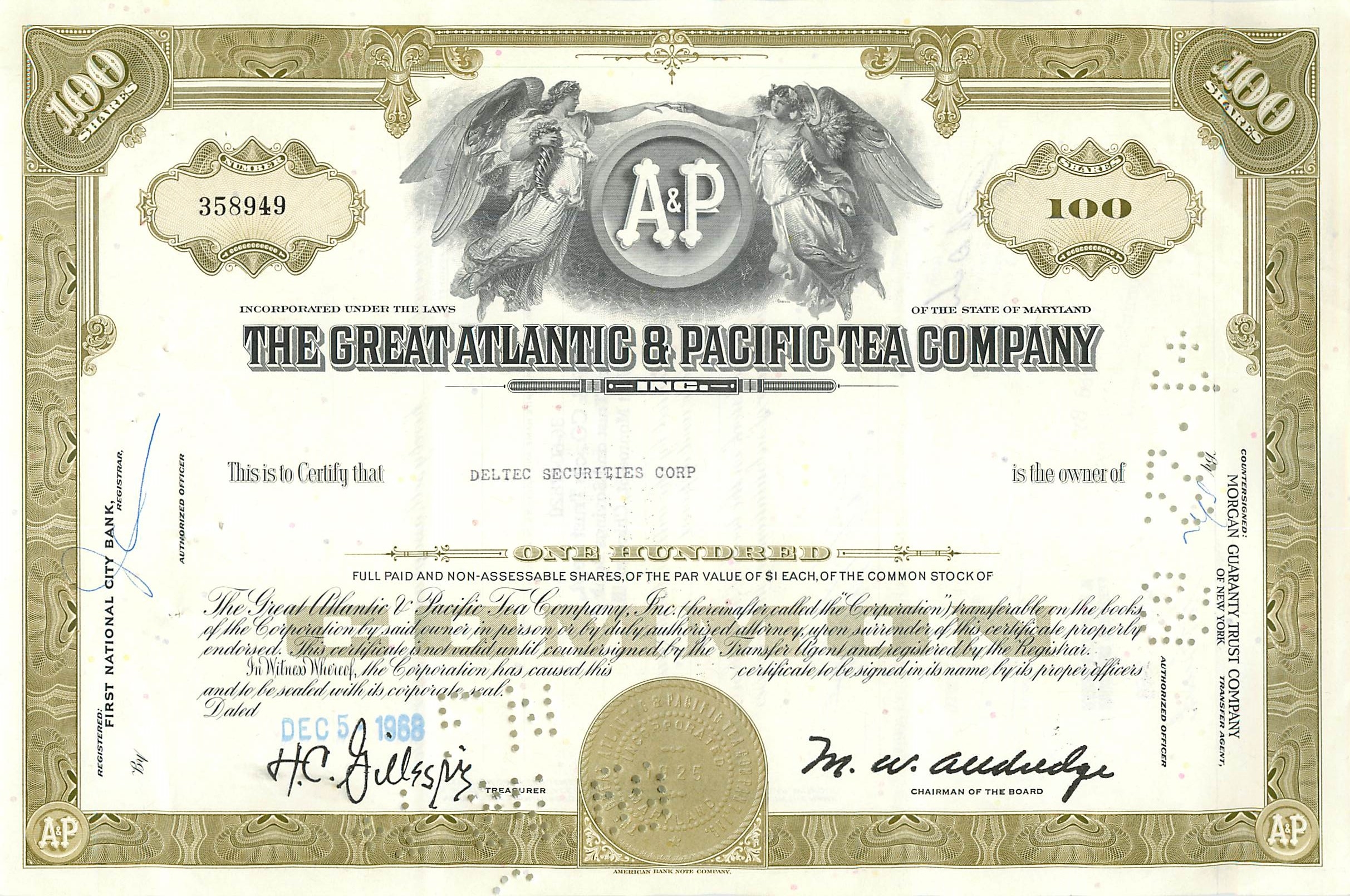 Certificato di 100 azioni della Great Atlantic & Pacific Tea Company — Deltec Securities Corp — n°358949