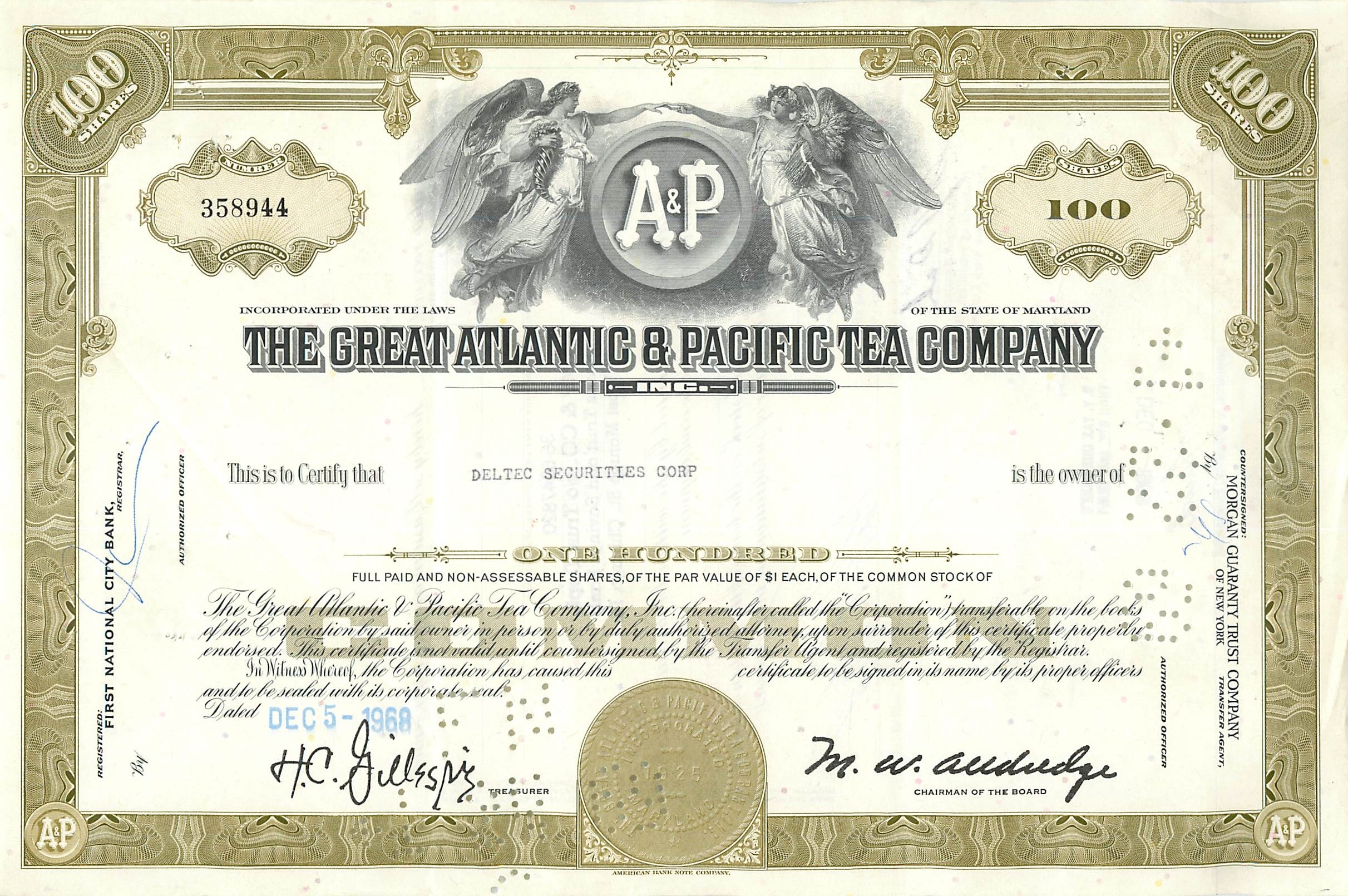 Certificat de 100 actions de la Great Atlantic & Pacific Tea Company — Deltec Securities Corp — n° 358944