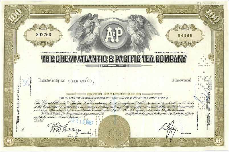 Action de la Great Atlantic & Pacific Tea Company — Sopen and Co. — 100 actions — 13 avril 1967