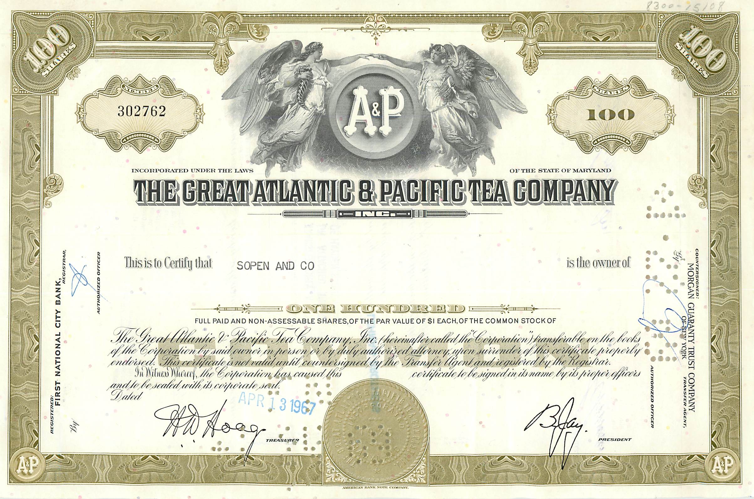 Certificat de 100 actions de la Great Atlantic & Pacific Tea Company — éditeur Morgan Guaranty Trust Company
