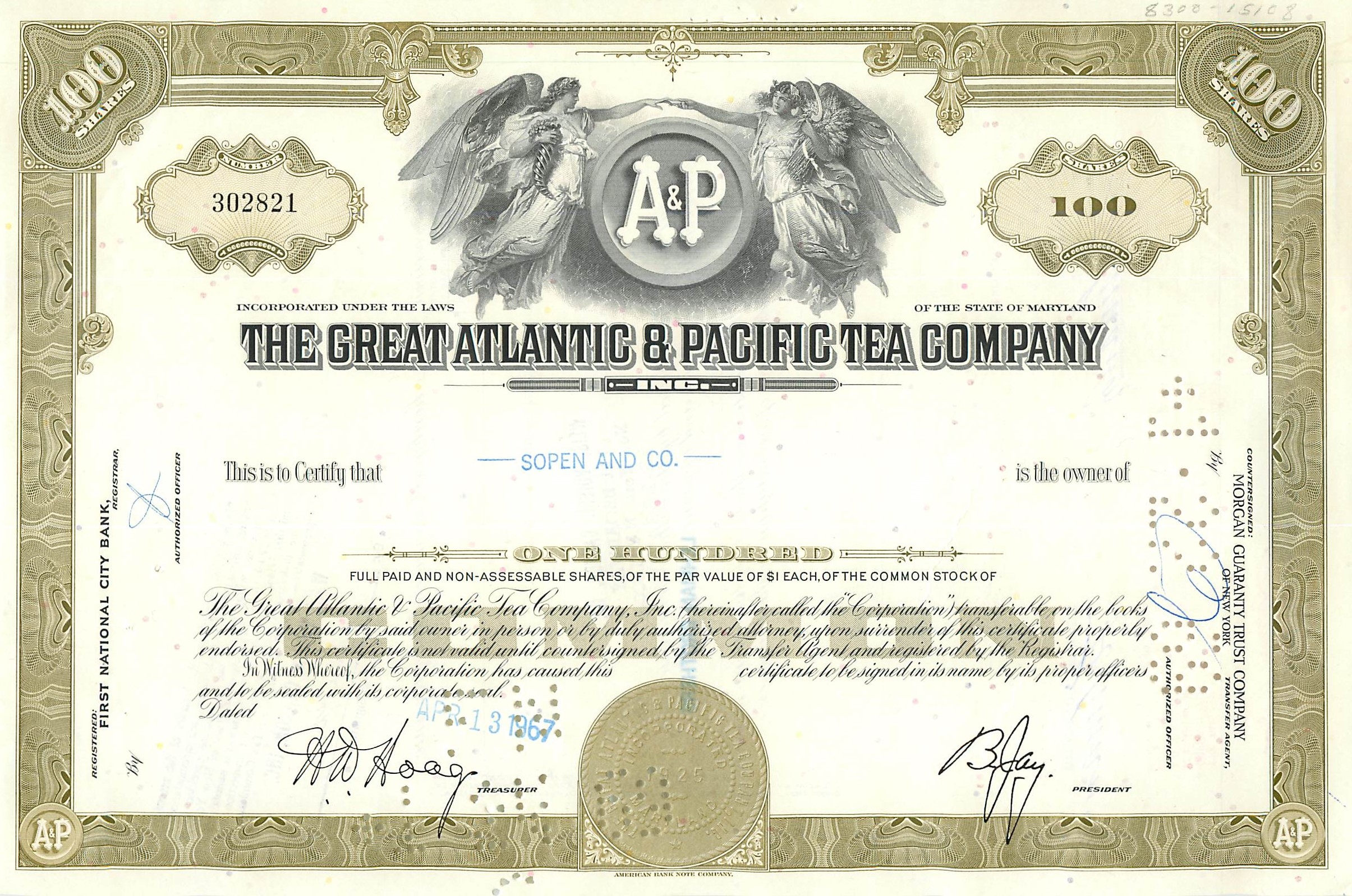 Certificaat van 100 aandelen van de Great Atlantic & Pacific Tea Company — uitgever Morgan Guaranty Trust Company