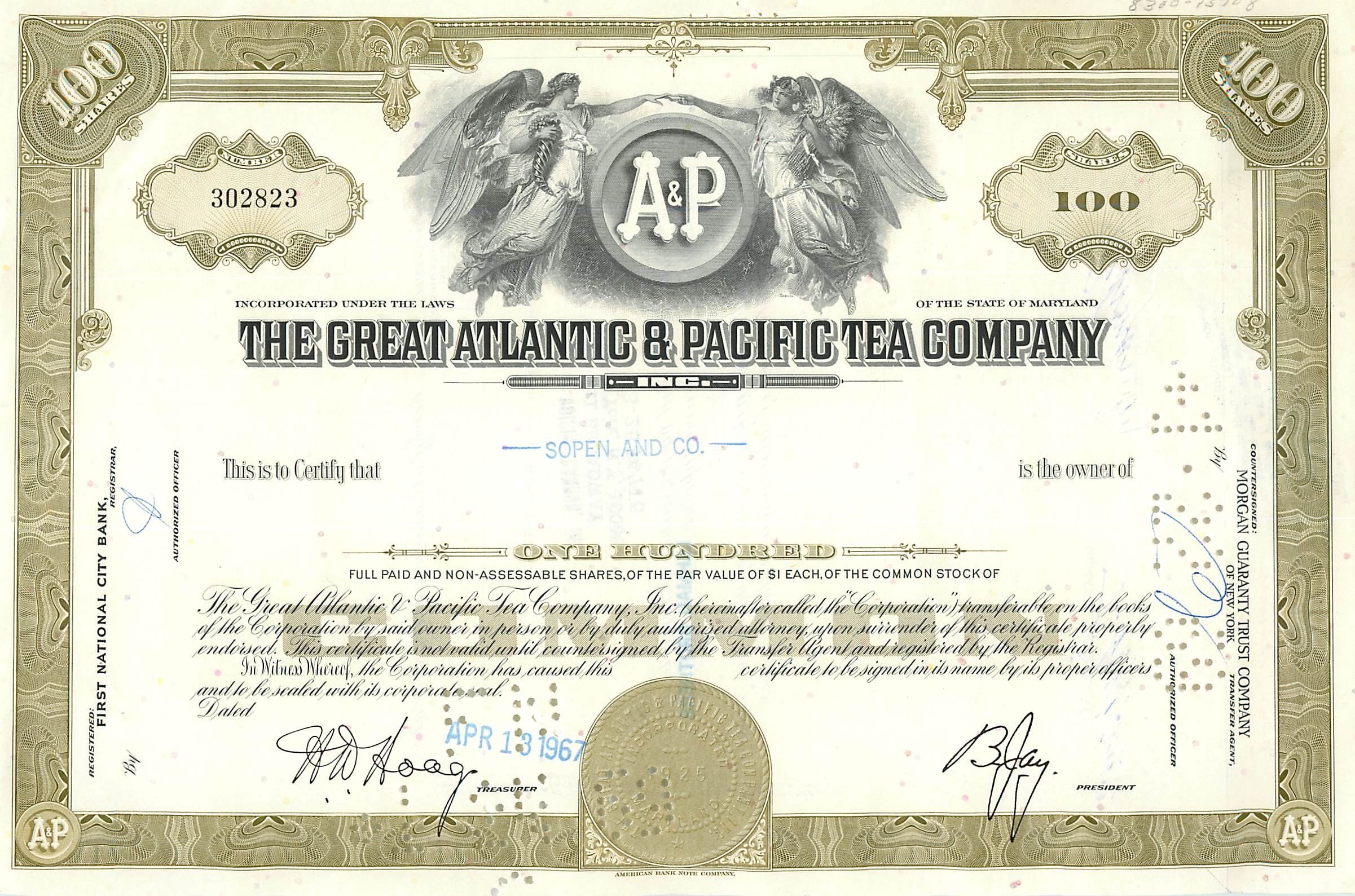 Certificat de 100 actions de la Great Atlantic & Pacific Tea Company — éditeur Morgan Guaranty Trust Company