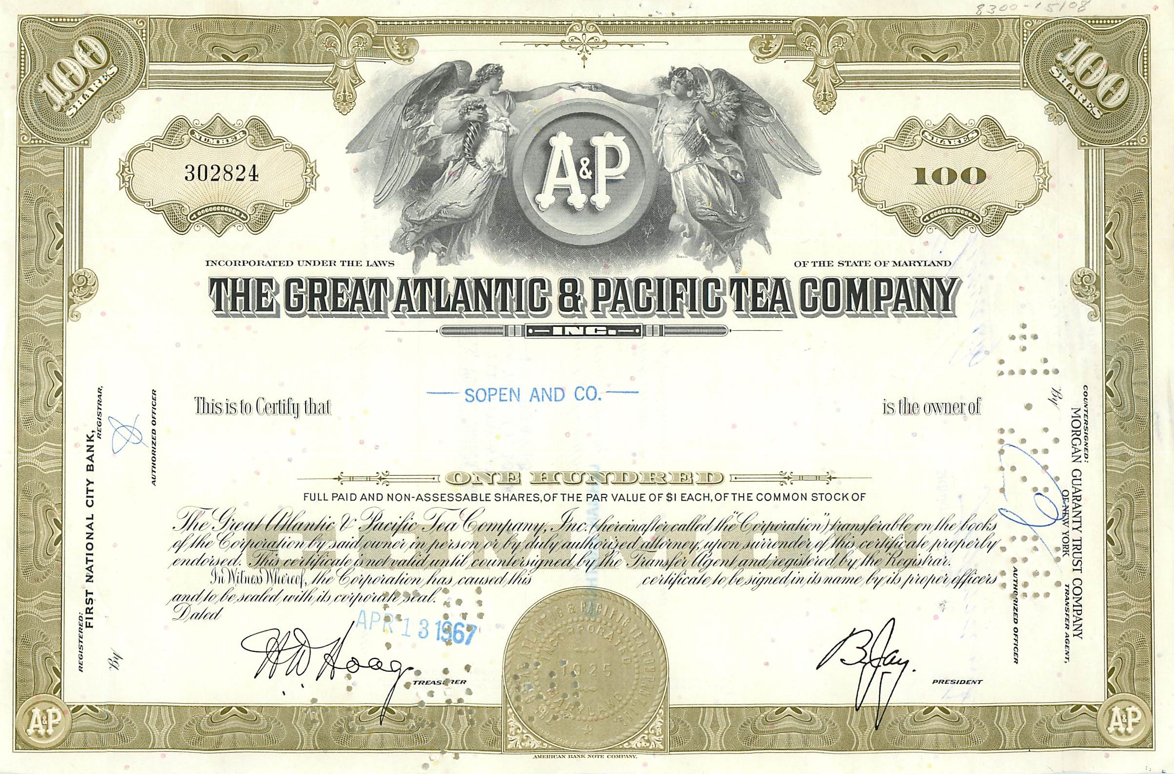 Action de la Great Atlantic & Pacific Tea Company — 100 actions — éditeur First National City Bank