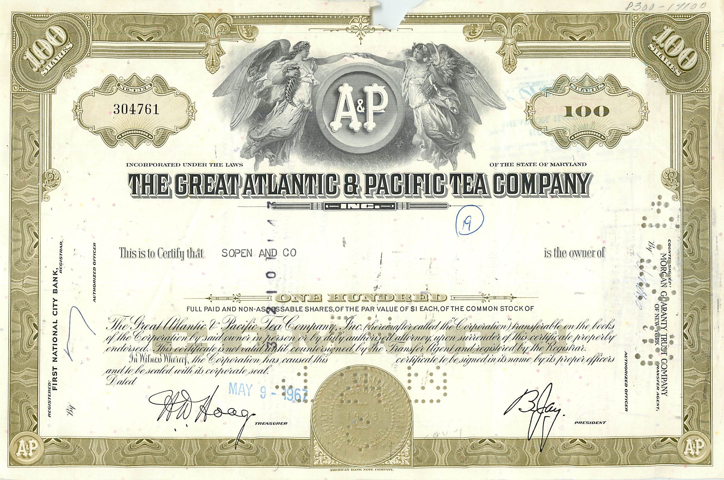Azione della Great Atlantic & Pacific Tea Company — 100 azioni — editore Morgan Guaranty Trust Company