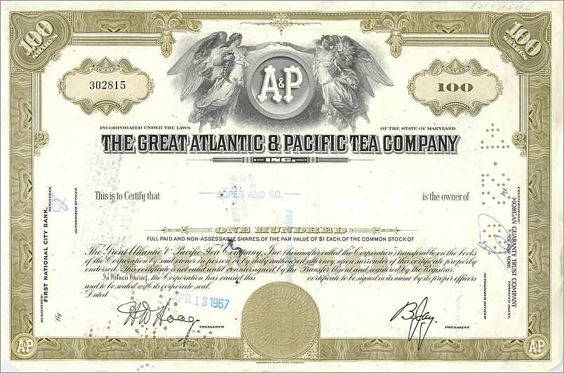 Aktie der Great Atlantic & Pacific Tea Company — 100 Aktien — Verlag First National City Bank
