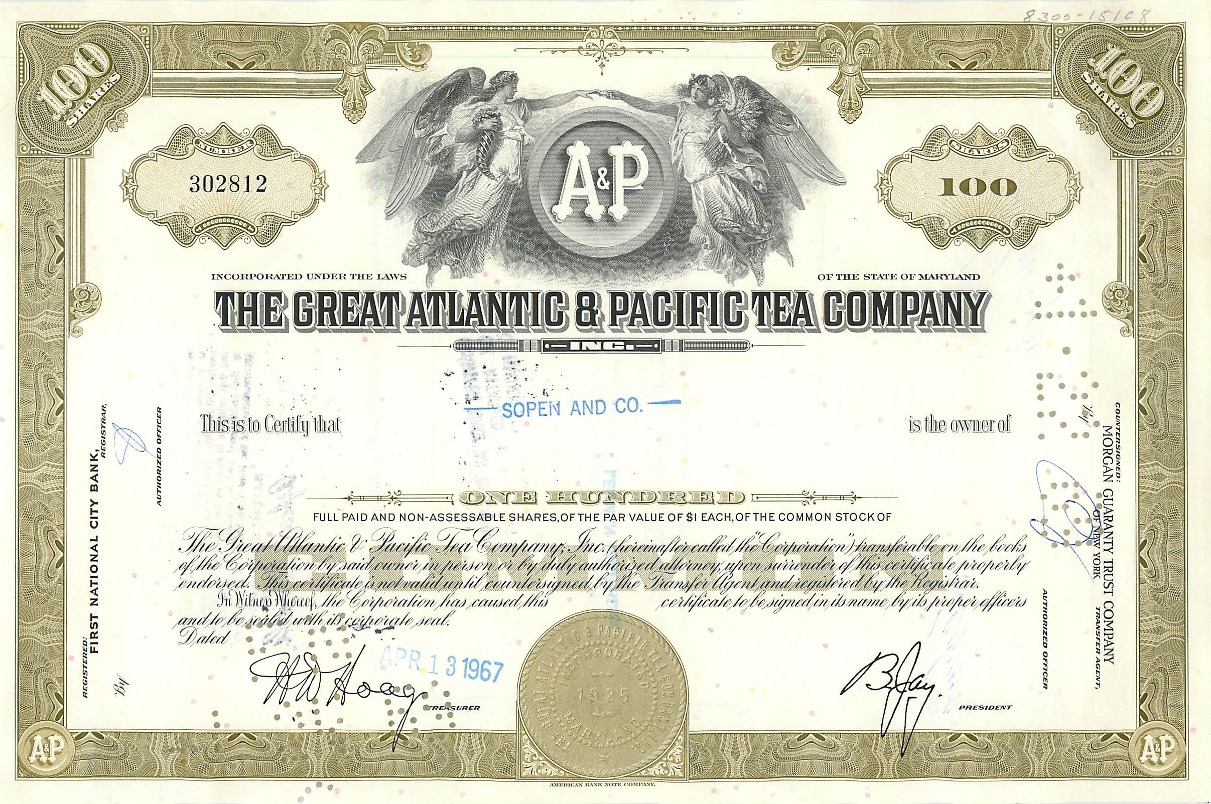 Action de la Great Atlantic & Pacific Tea Company — 100 actions — éditeur Morgan Guaranty Trust Company