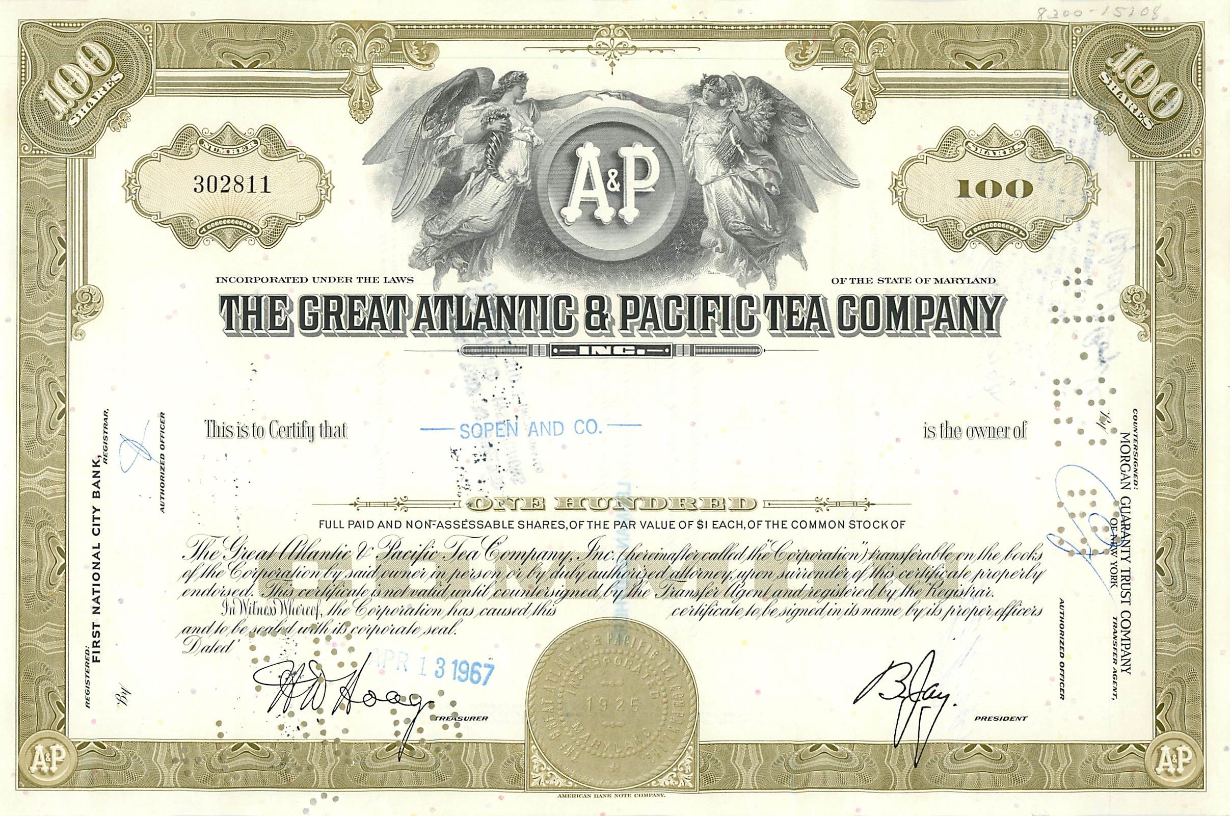 Action de la Great Atlantic & Pacific Tea Company — 100 actions — éditeur American Bank Note Company