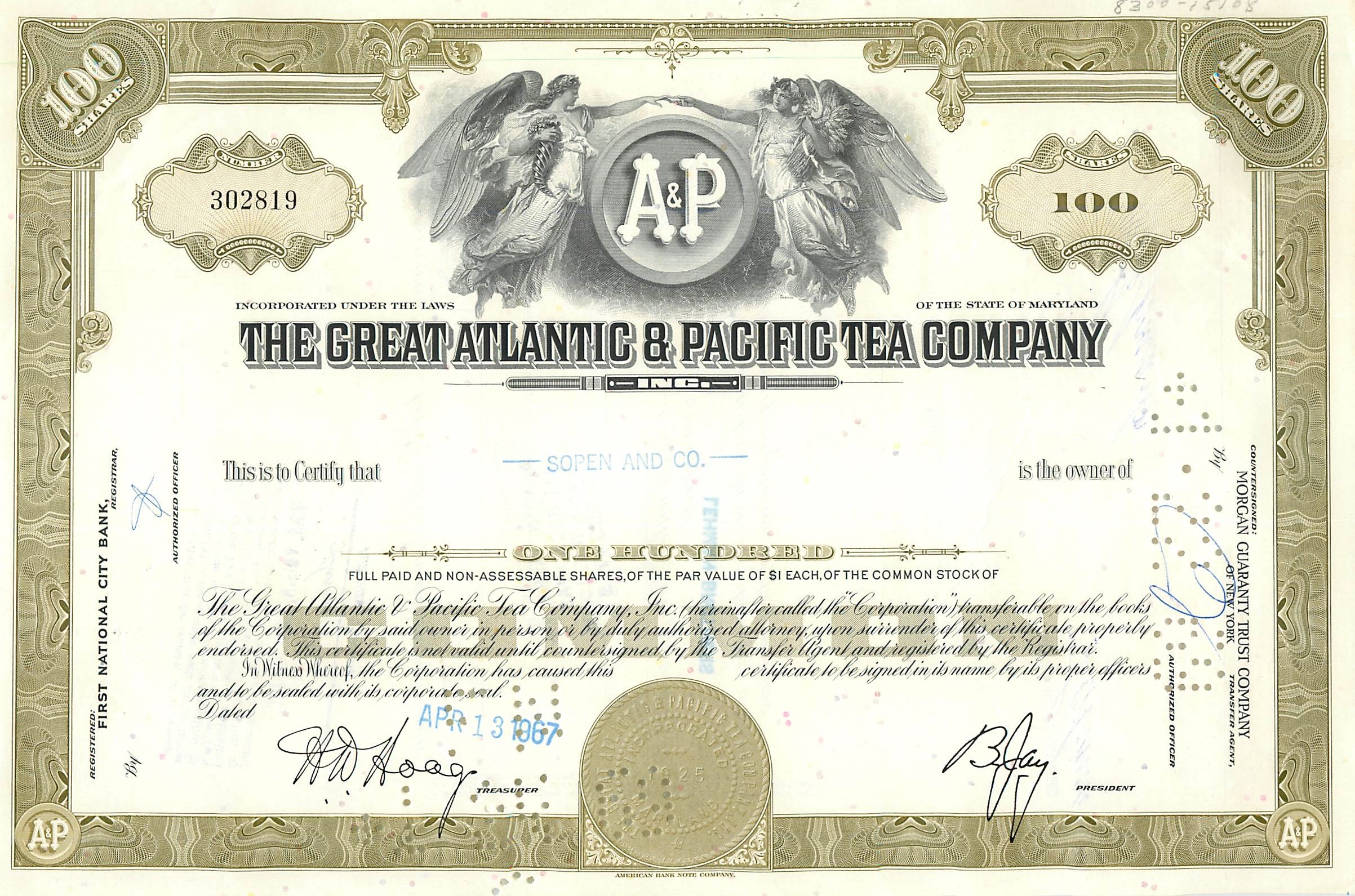 Certificat de 100 actions de la Great Atlantic & Pacific Tea Company — éditeur Morgan Guaranty Trust Company