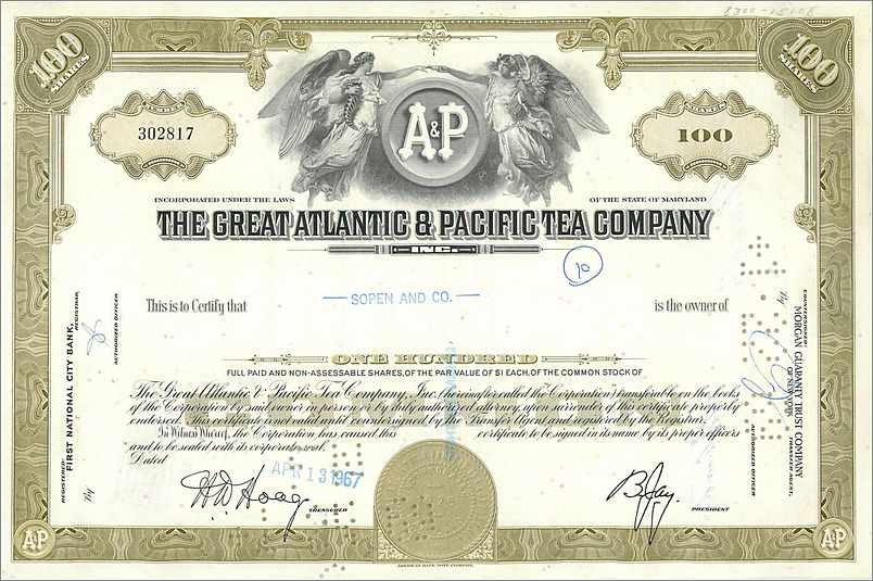 Acción de la Great Atlantic & Pacific Tea Company — 100 acciones — editor First National City Bank