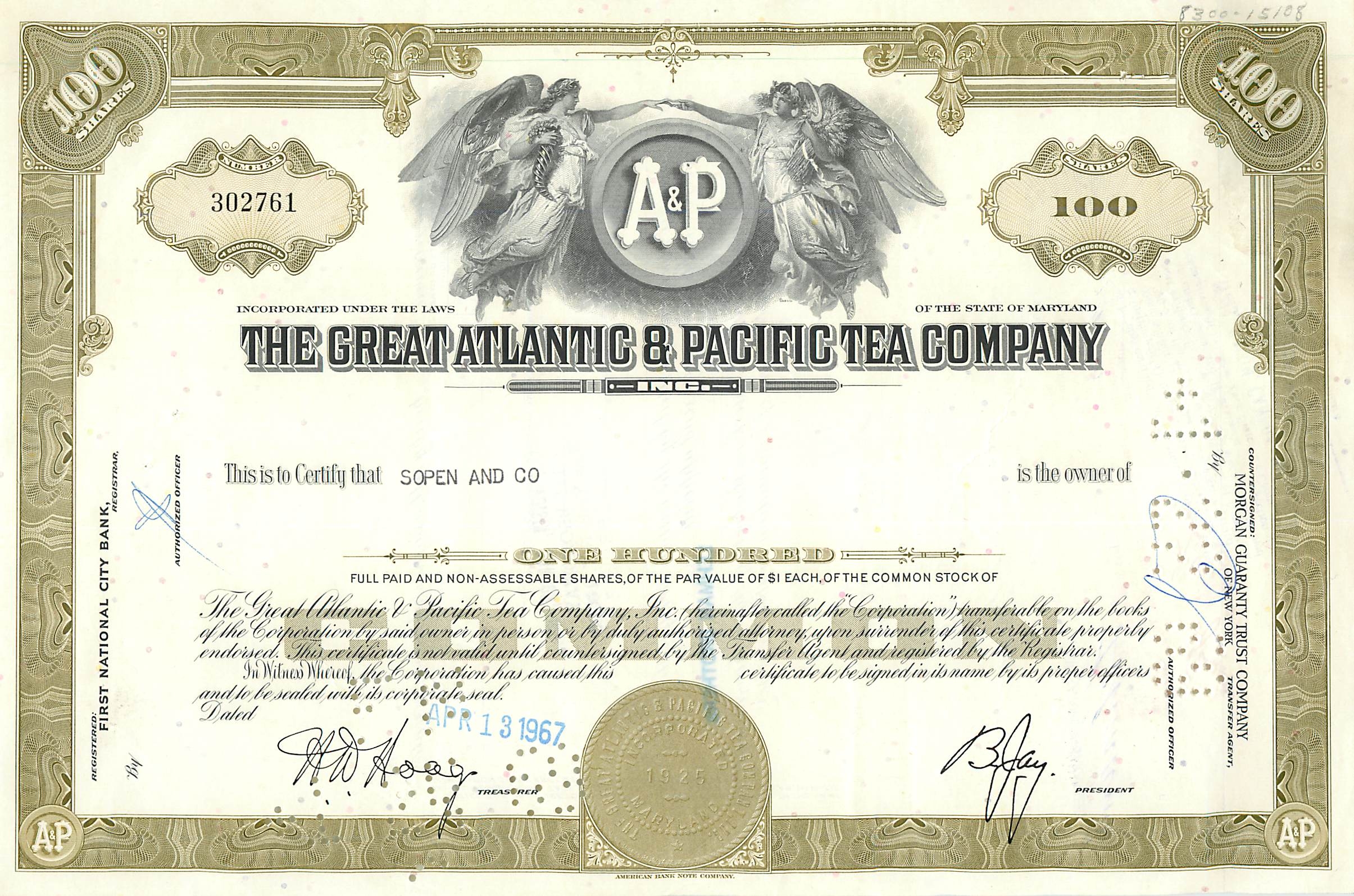 Azione della Great Atlantic & Pacific Tea Company — 100 azioni — editore American Bank Note Company