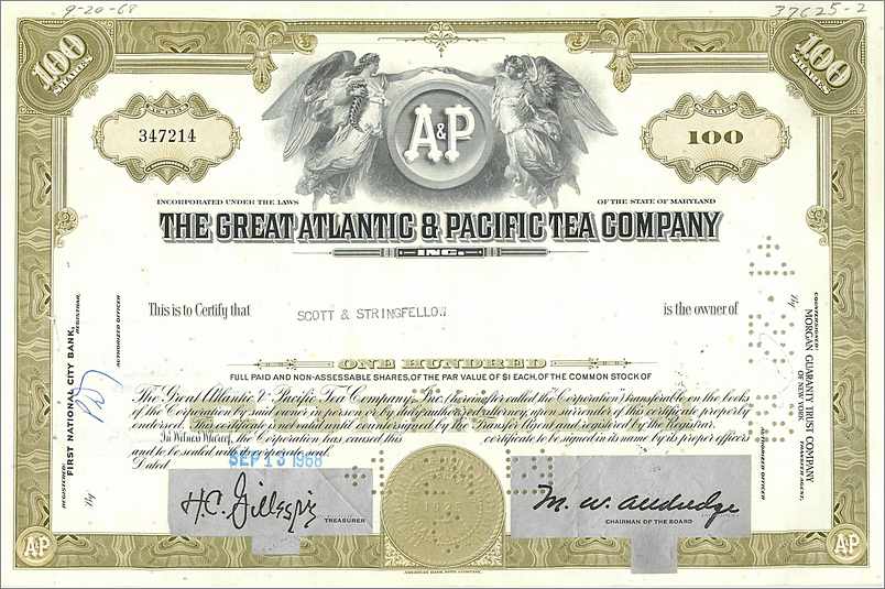 100 Aktien der Great Atlantic & Pacific Tea Company — Verleger First National City Bank, Nr. 347214