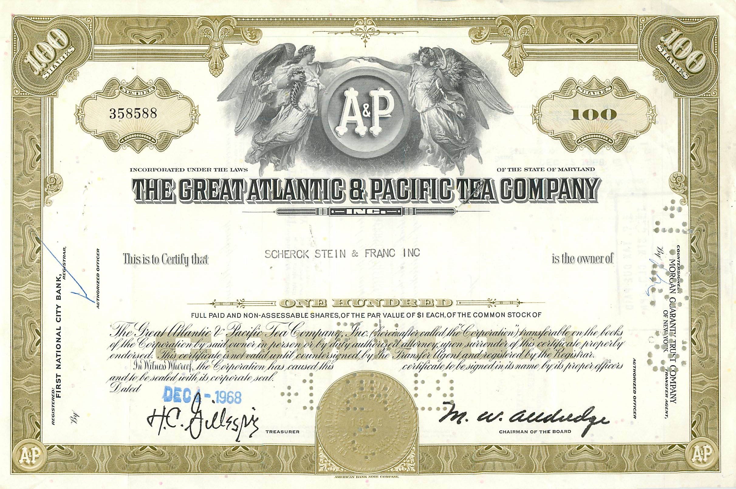 Action de la Great Atlantic & Pacific Tea Company — 100 actions — éditeur Morgan Guaranty Trust Company