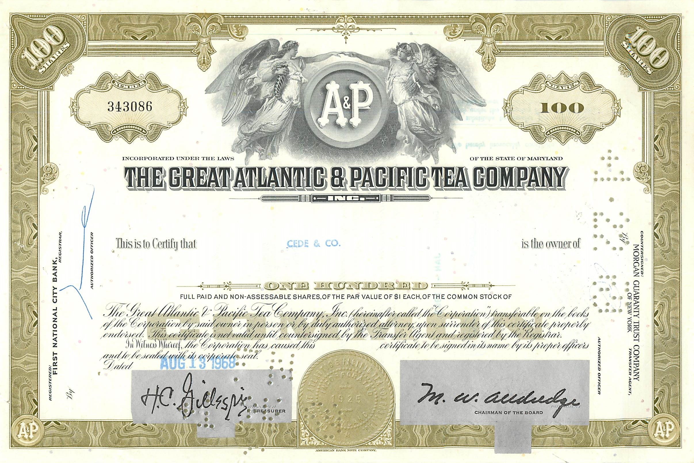 Azione della Great Atlantic & Pacific Tea Company — 100 azioni — editore Morgan Guaranty Trust Company